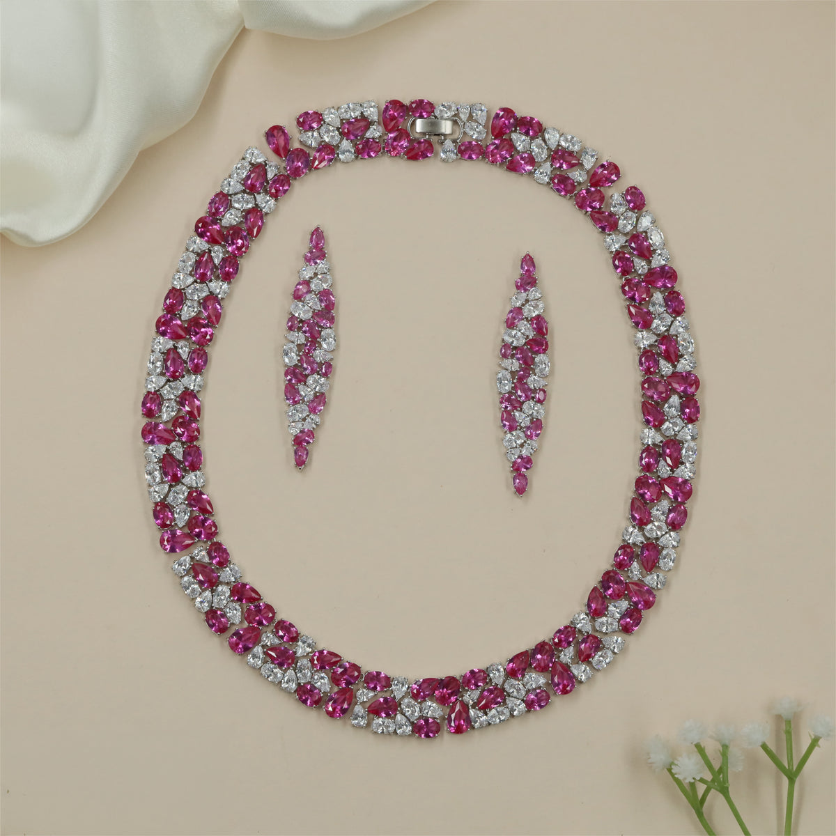 Striking Symmetrical Detailing on a Rhodium Necklace
