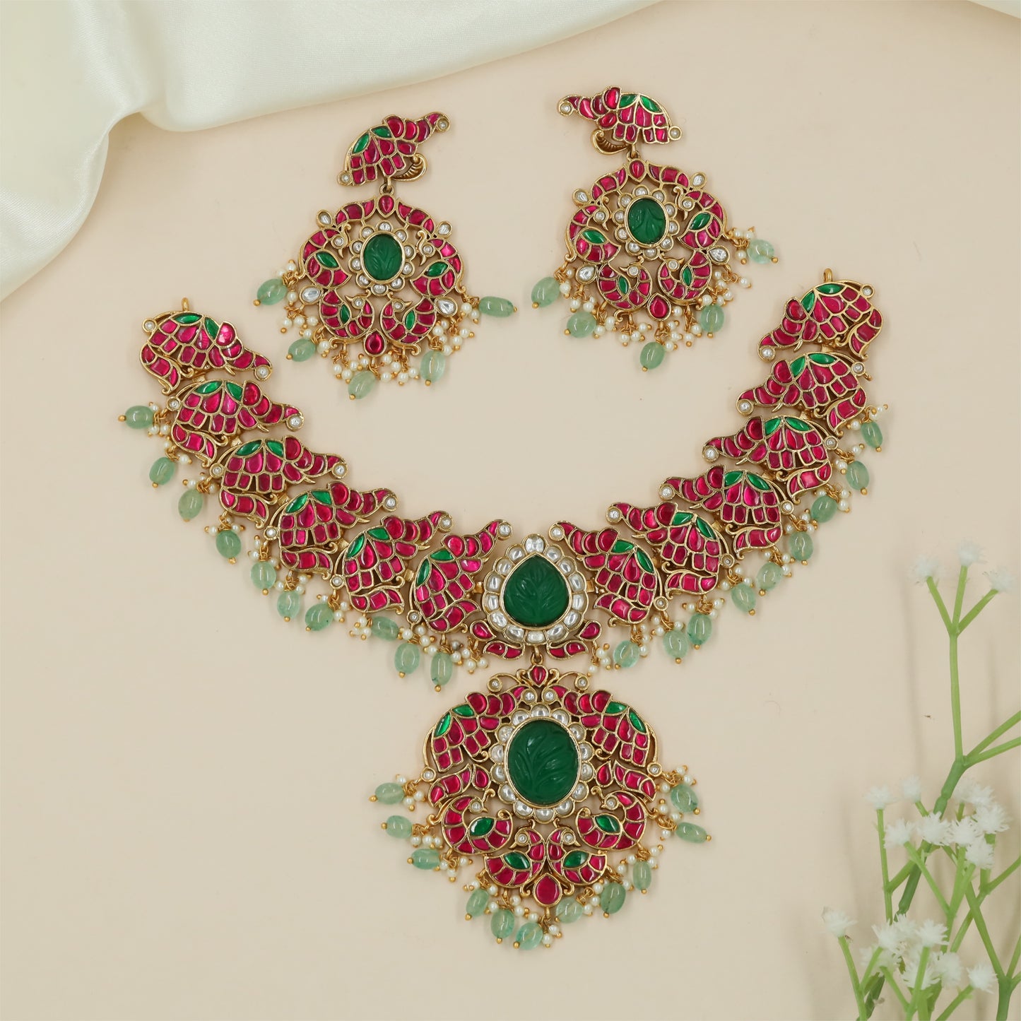 Traditional Peacock Jadau Necklace with Ornamental Side Layout