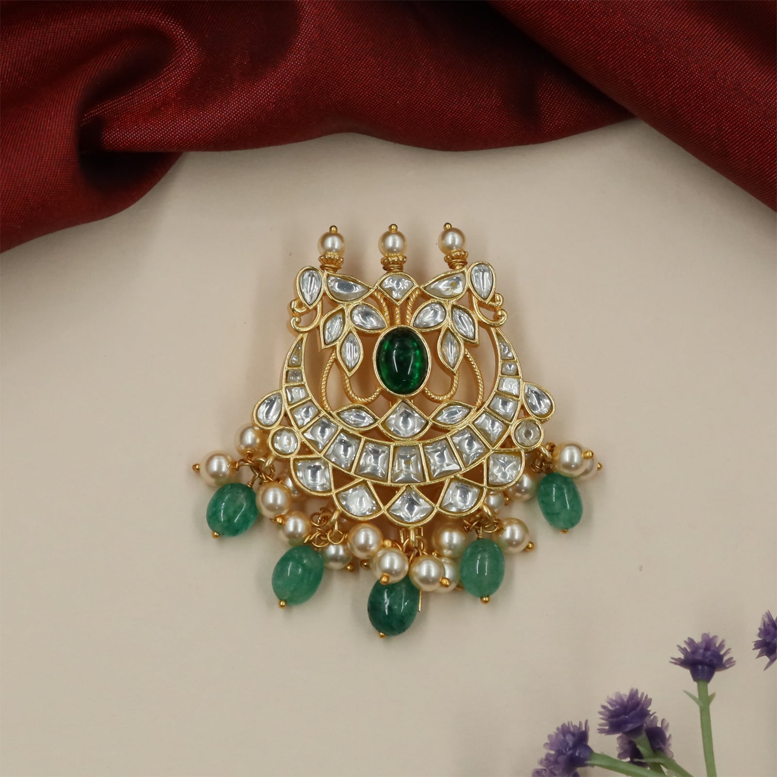 Glorious Floral Jadau Jade Bille with Dangling Tassel Arrangement