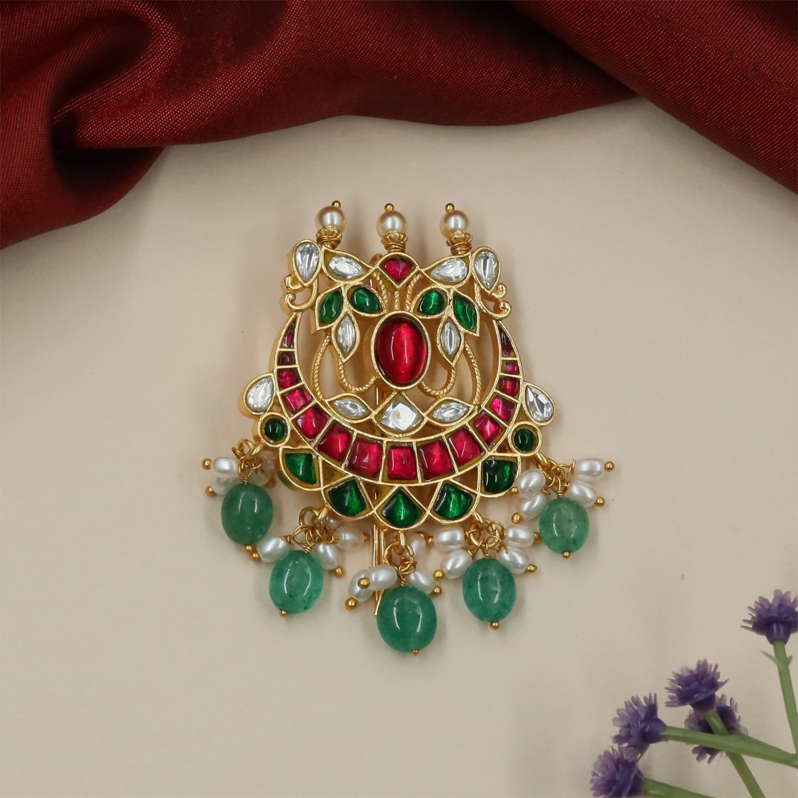 Glorious Floral Jadau Jade Bille with Dangling Tassel Arrangement