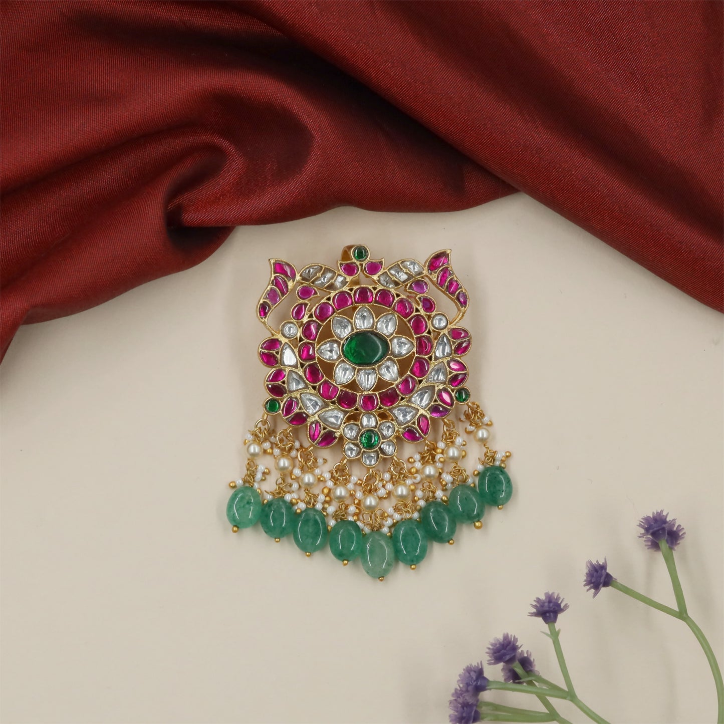 Jubilant Floral Jadau Jade Bille with Dangling Pearl Arrangement