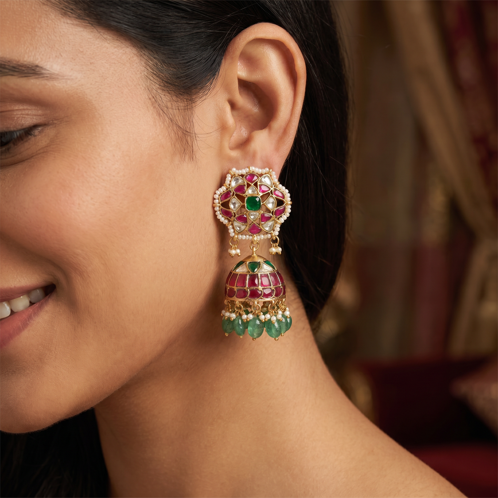 Opulent Border Jadau Jumka with Decorative Fringe Detailing