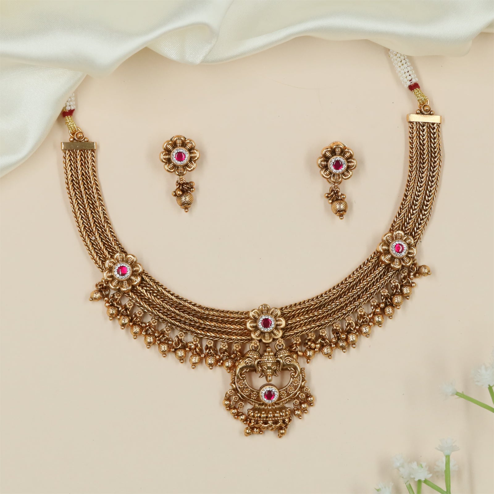 Signature Floral Pattern Antique Necklace with Hanging Ball Styling