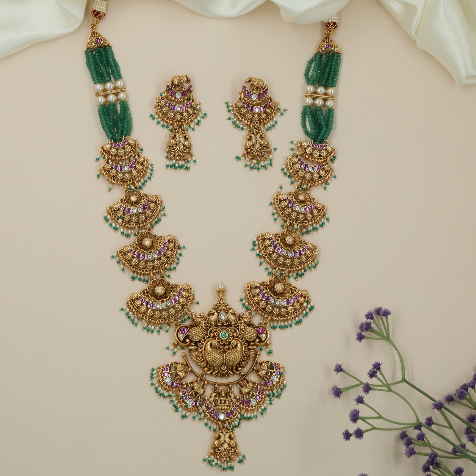Bridal Peacock Frame Long Haara with Hanging Bead Borders
