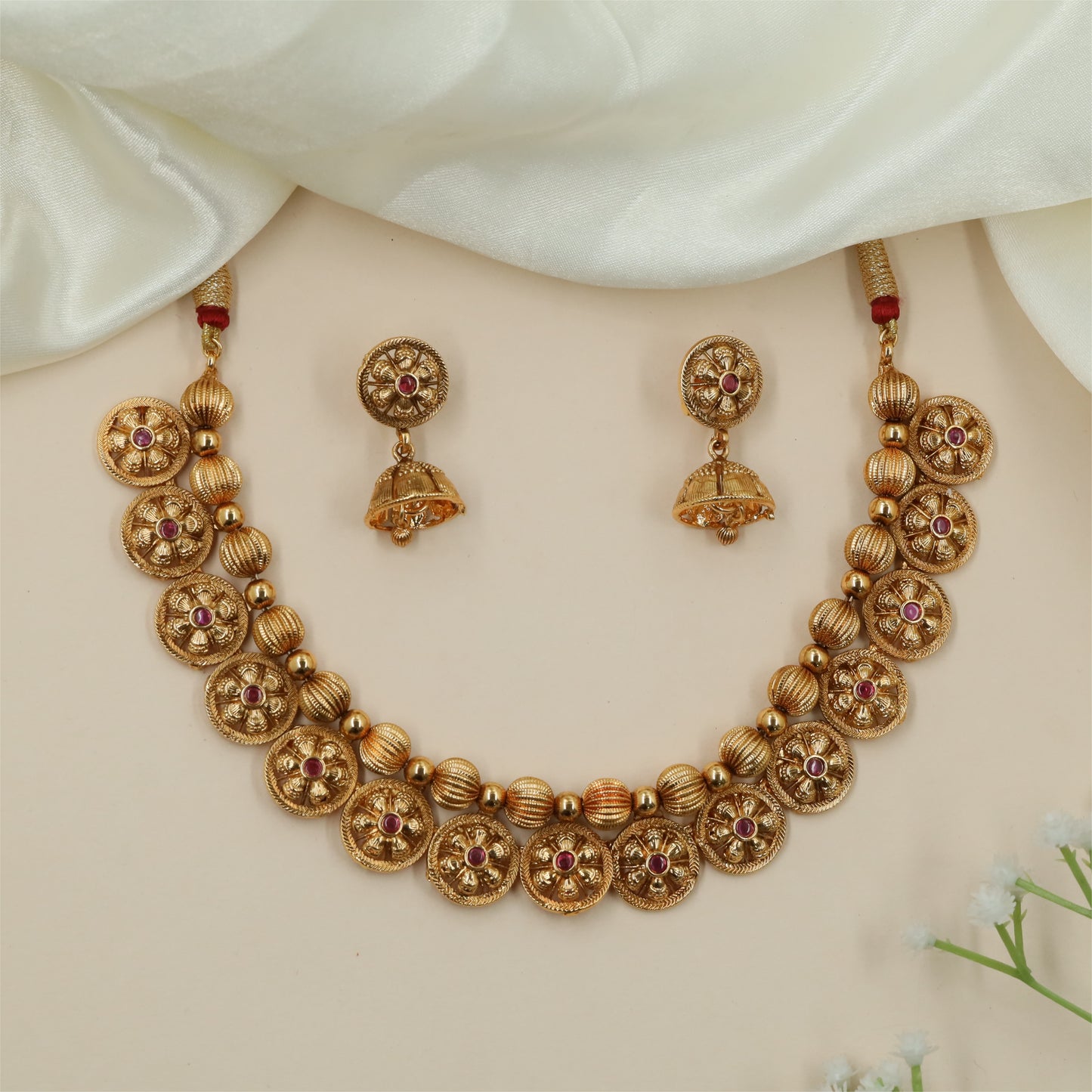 Signature Ribbed Bead Antique Necklace with Floral Pattern Work