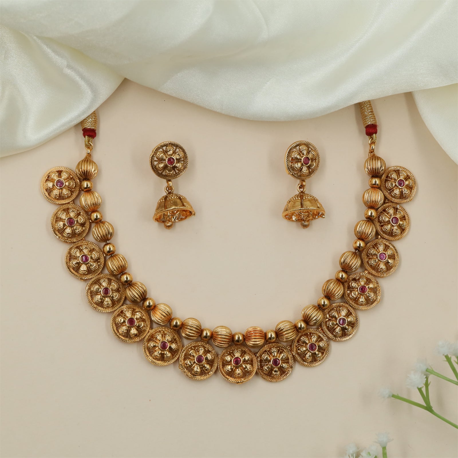 Signature Ribbed Bead Antique Necklace with Floral Pattern Work