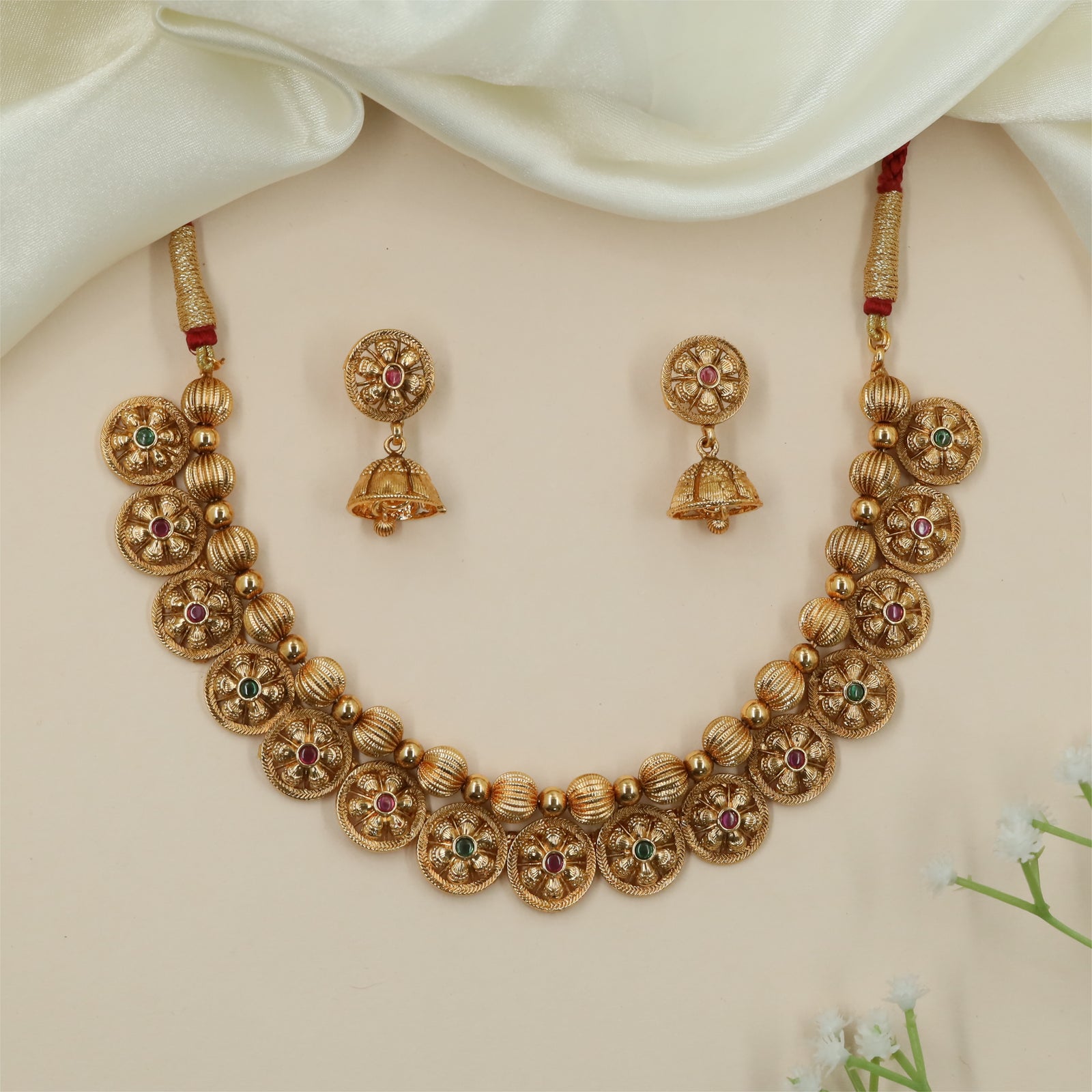 Signature Ribbed Bead Antique Necklace with Floral Pattern Work