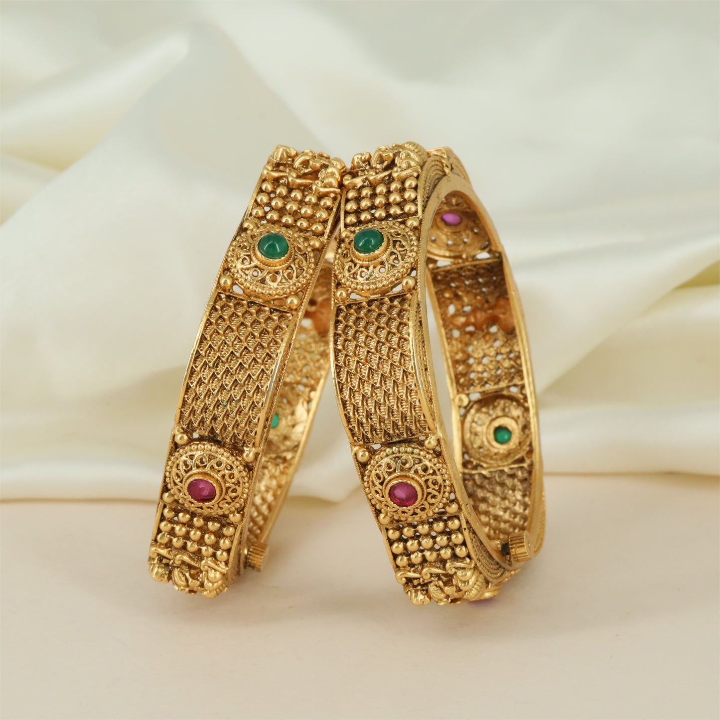 Noble Curve Antique Bangles with Floral Connectors and Textured Detailing
