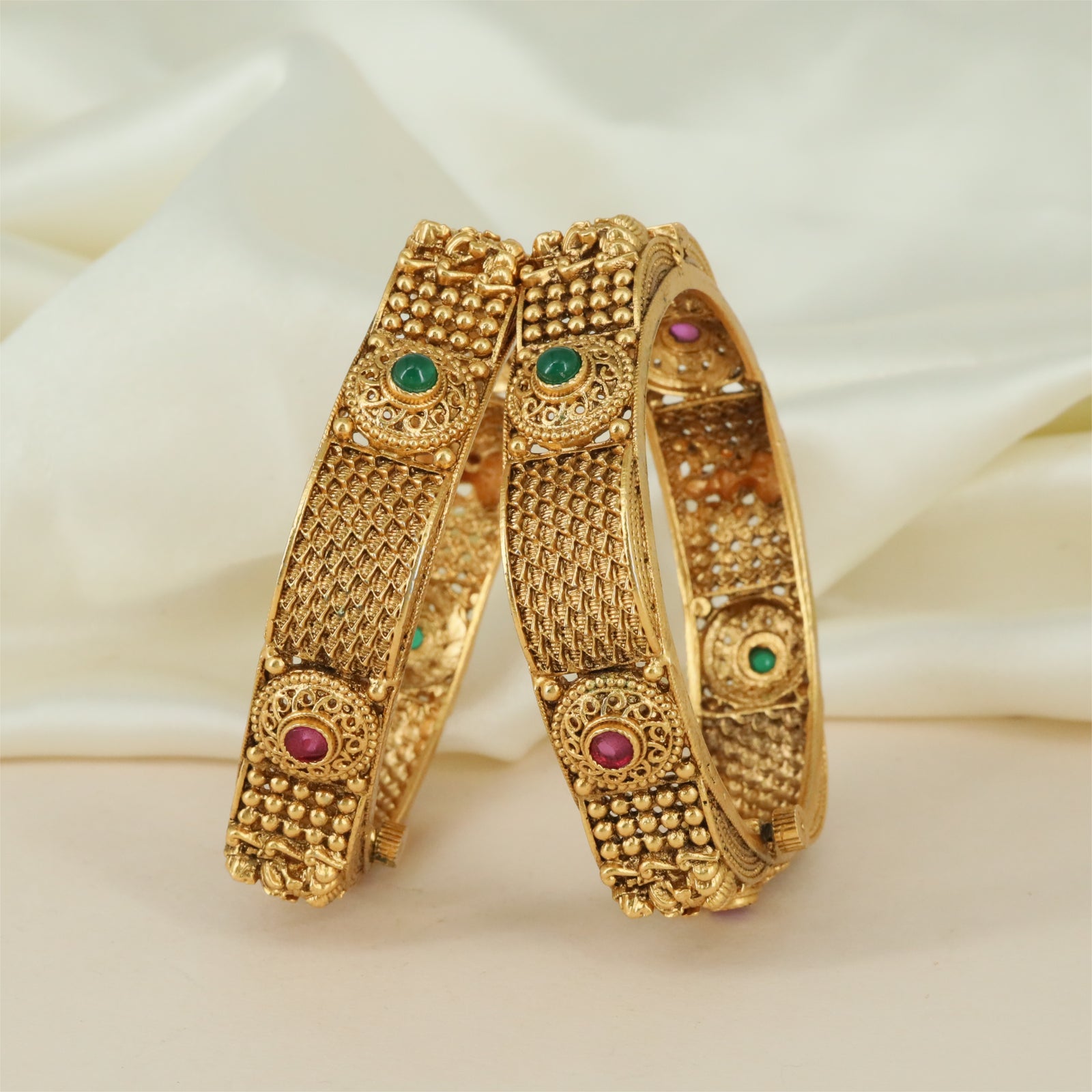 Noble Curve Antique Bangles with Floral Connectors and Textured Detailing