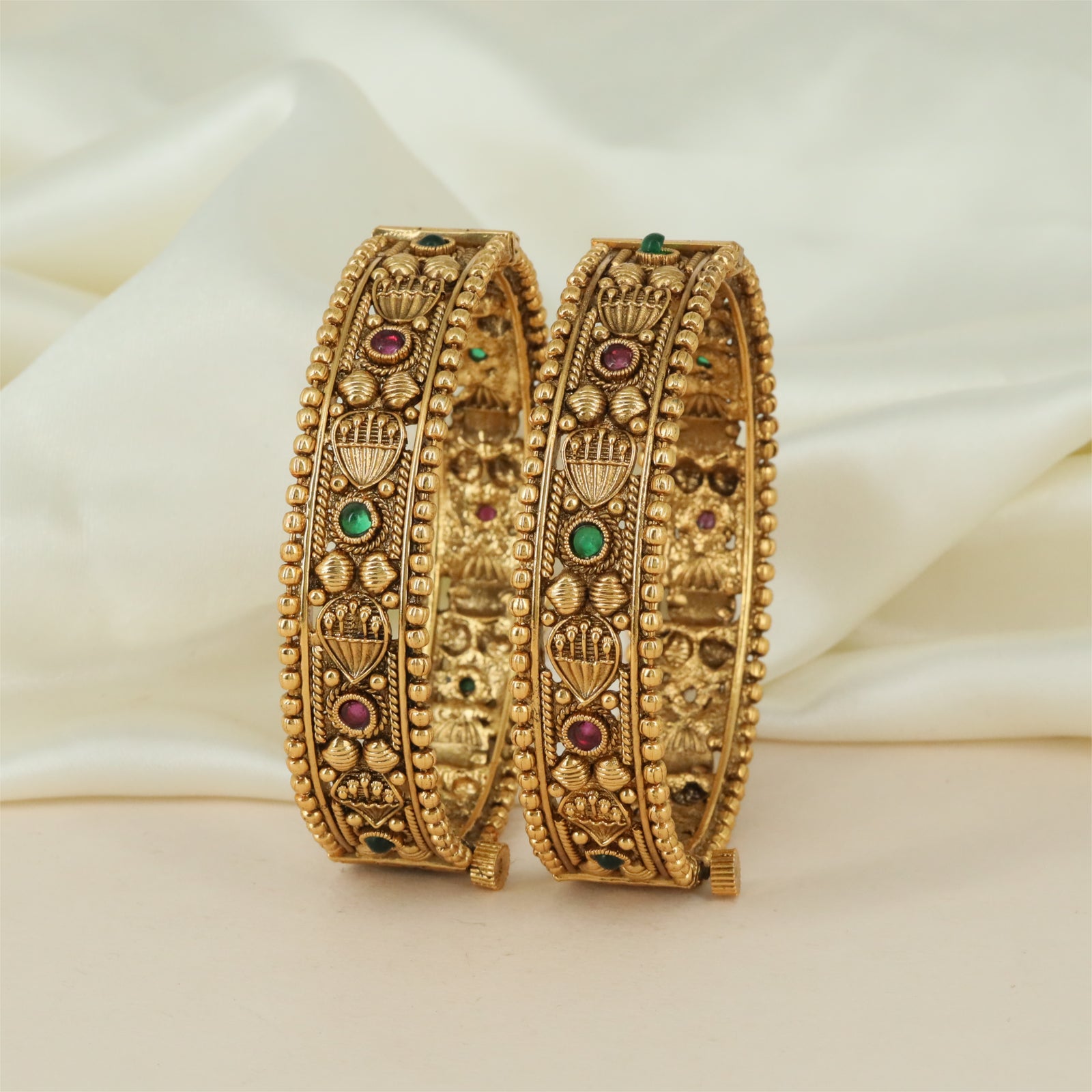 Grid Antique Bangles with Circular Floral Frames and Structured Mesh Rows