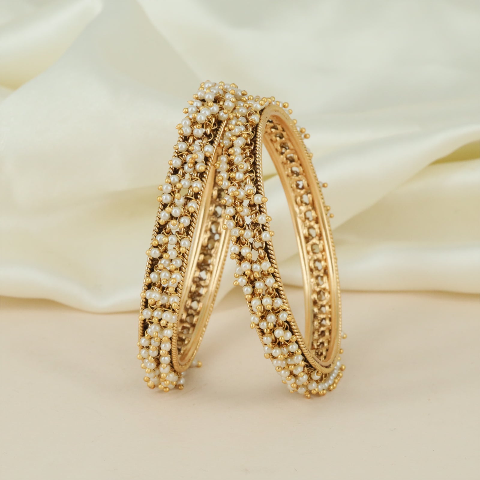 Royal Pearl Antique Bangles with Clustered Bead Rows and Rope Border Detailing