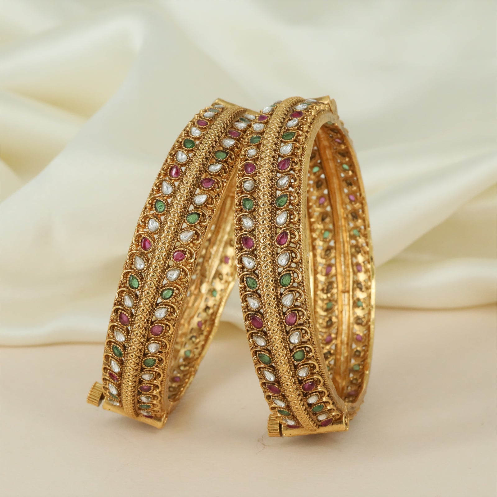 Jovienne Curve Antique Bangles with Dense Bead Sections and Edge Detailing