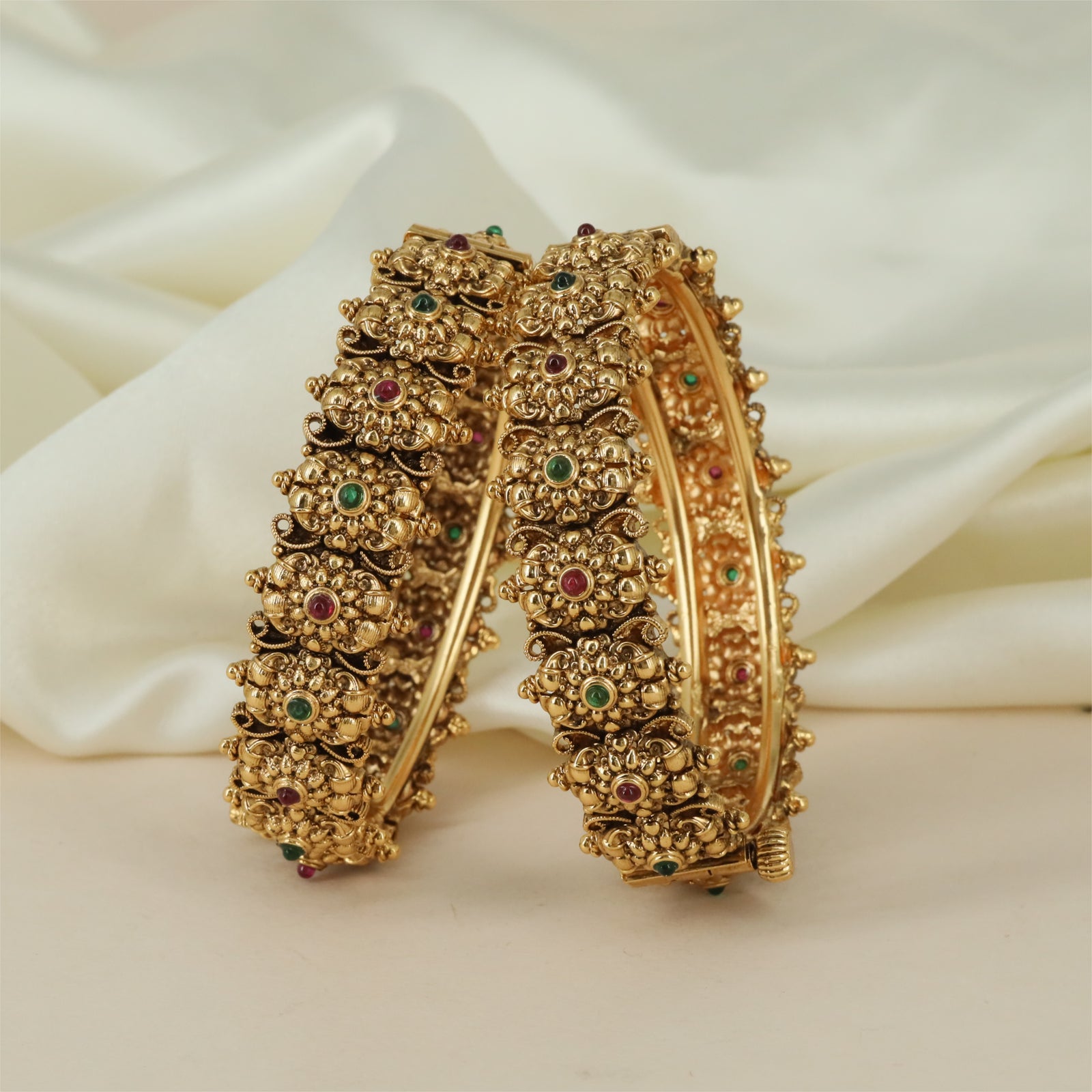 Emperia Floral Antique Bangles with Raised Cluster Layout and Edge Detailing