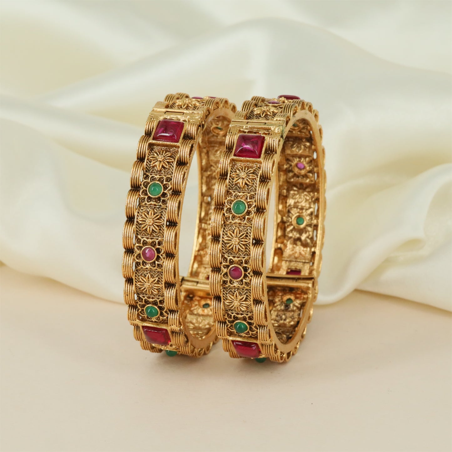 Temple Grid Antique Bangles with Rectangular Floral Frames and Structured Border Work