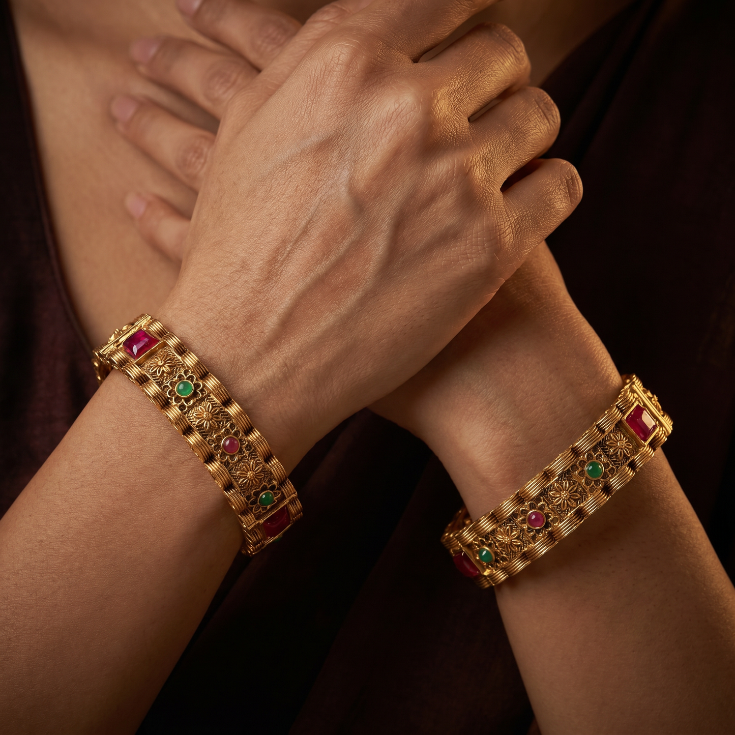 Temple Grid Antique Bangles with Rectangular Floral Frames and Structured Border Work