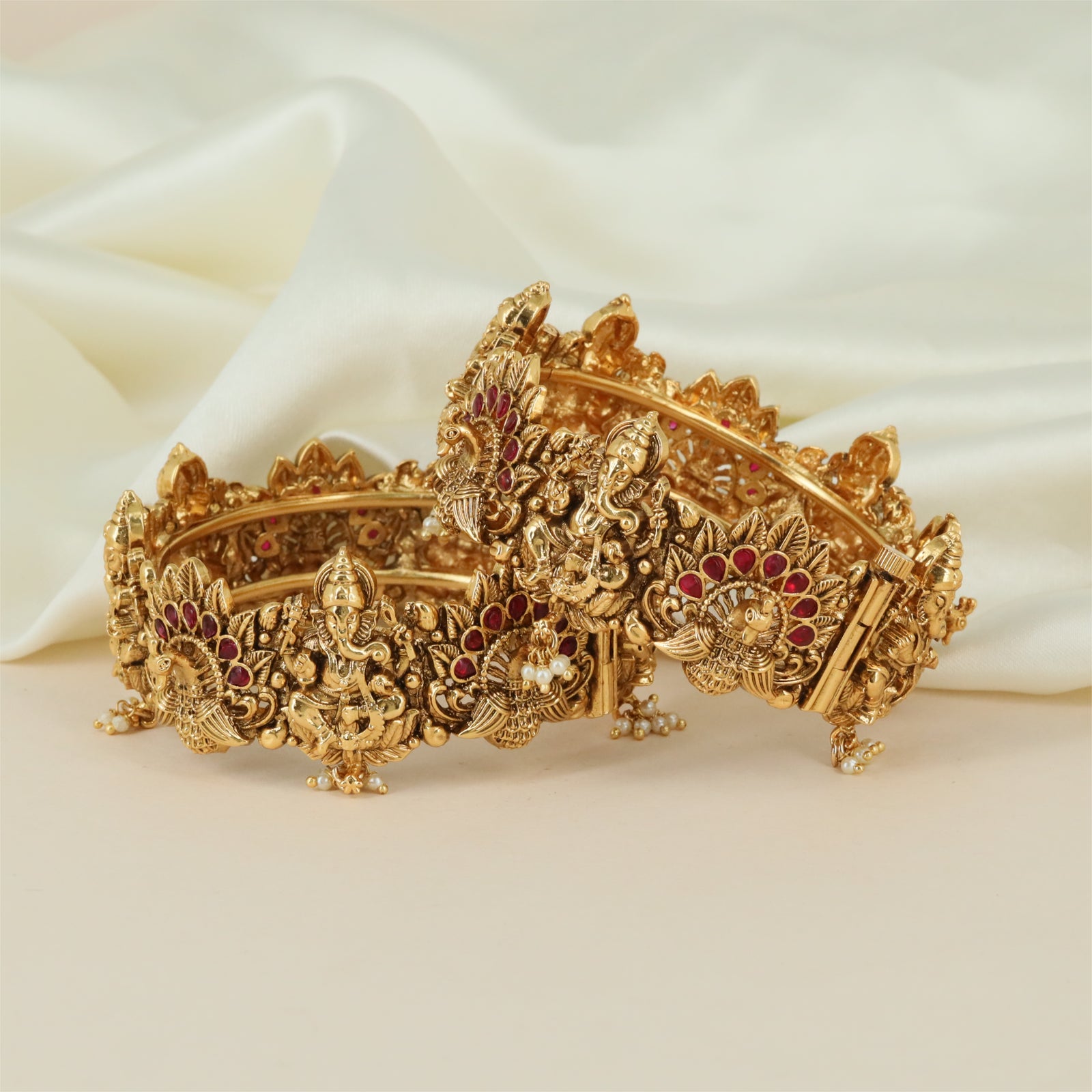 Bhairav Ganesh Antique Bangles with Layered Coin Sections and Pearl Drop Accents