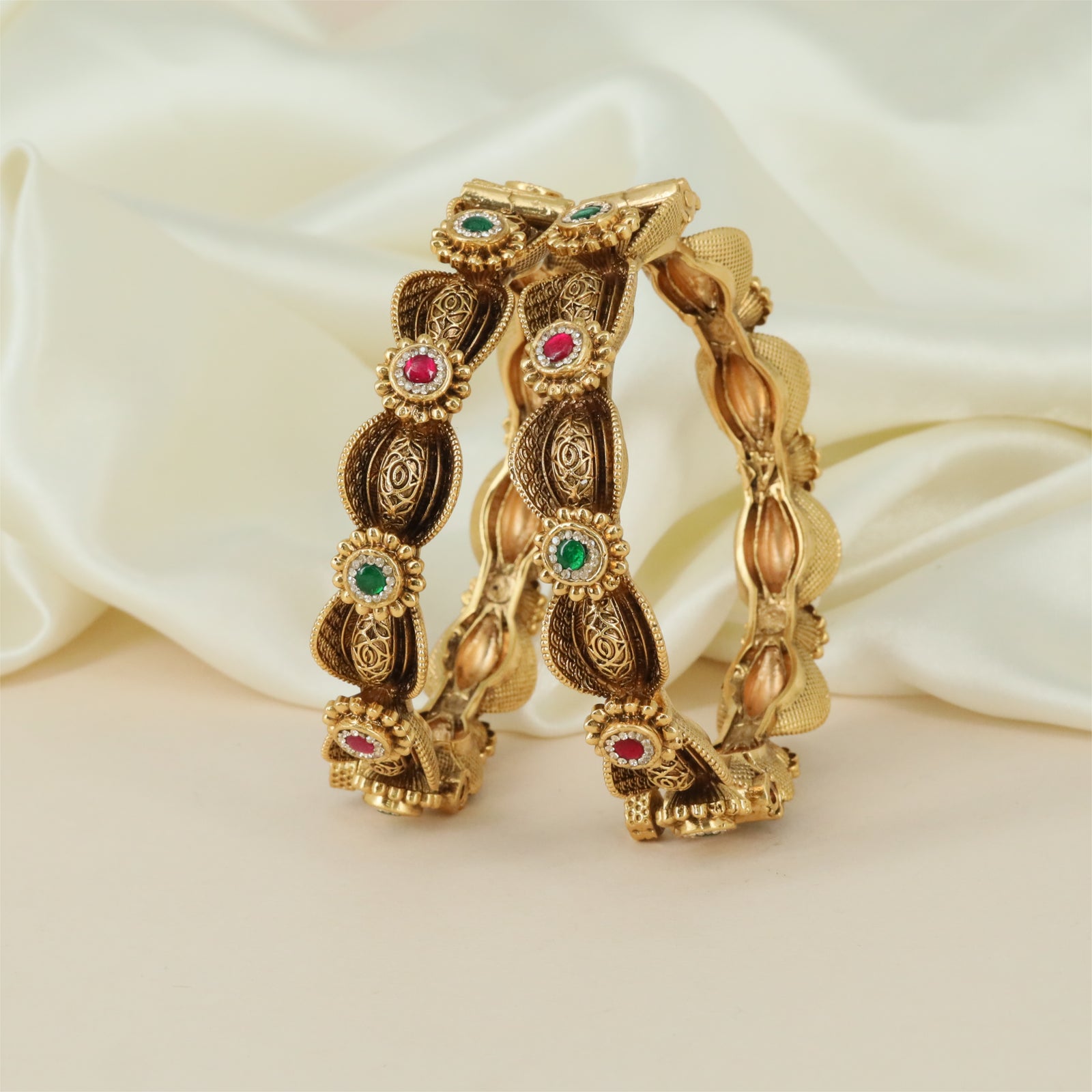 Glorique Antique Bangles with Openwork Oval Panels and Raised Floral Detailing