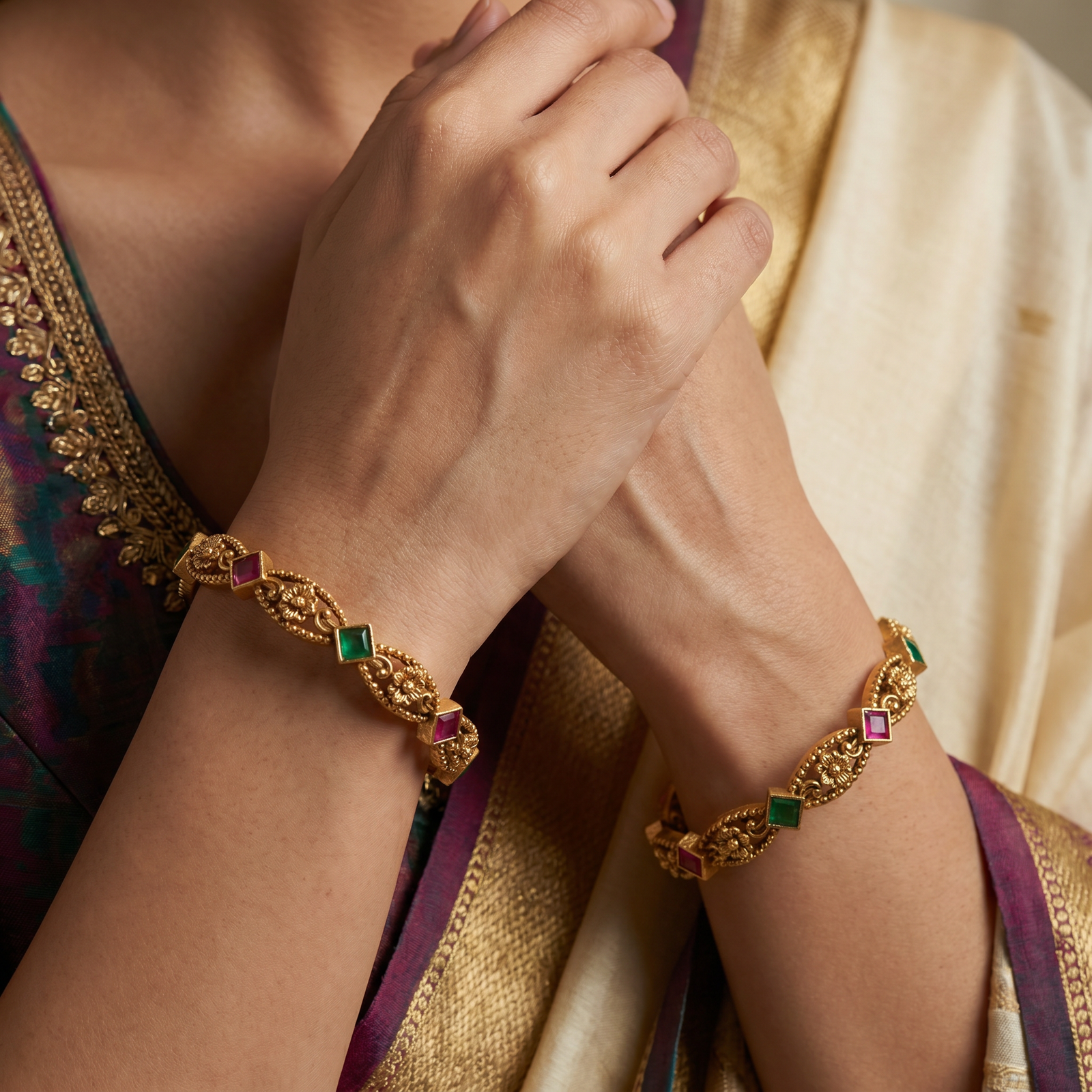 Grid Vine Antique Bangles with Structured Link Pattern and Ornamental Borders