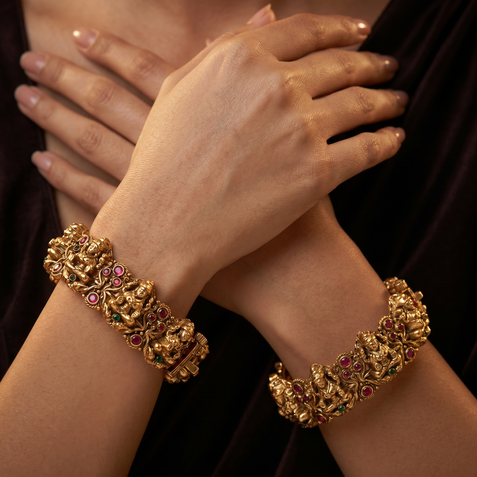 Filigree Lakshmi Antique Bangles with Layered Surface Texture and Border Work