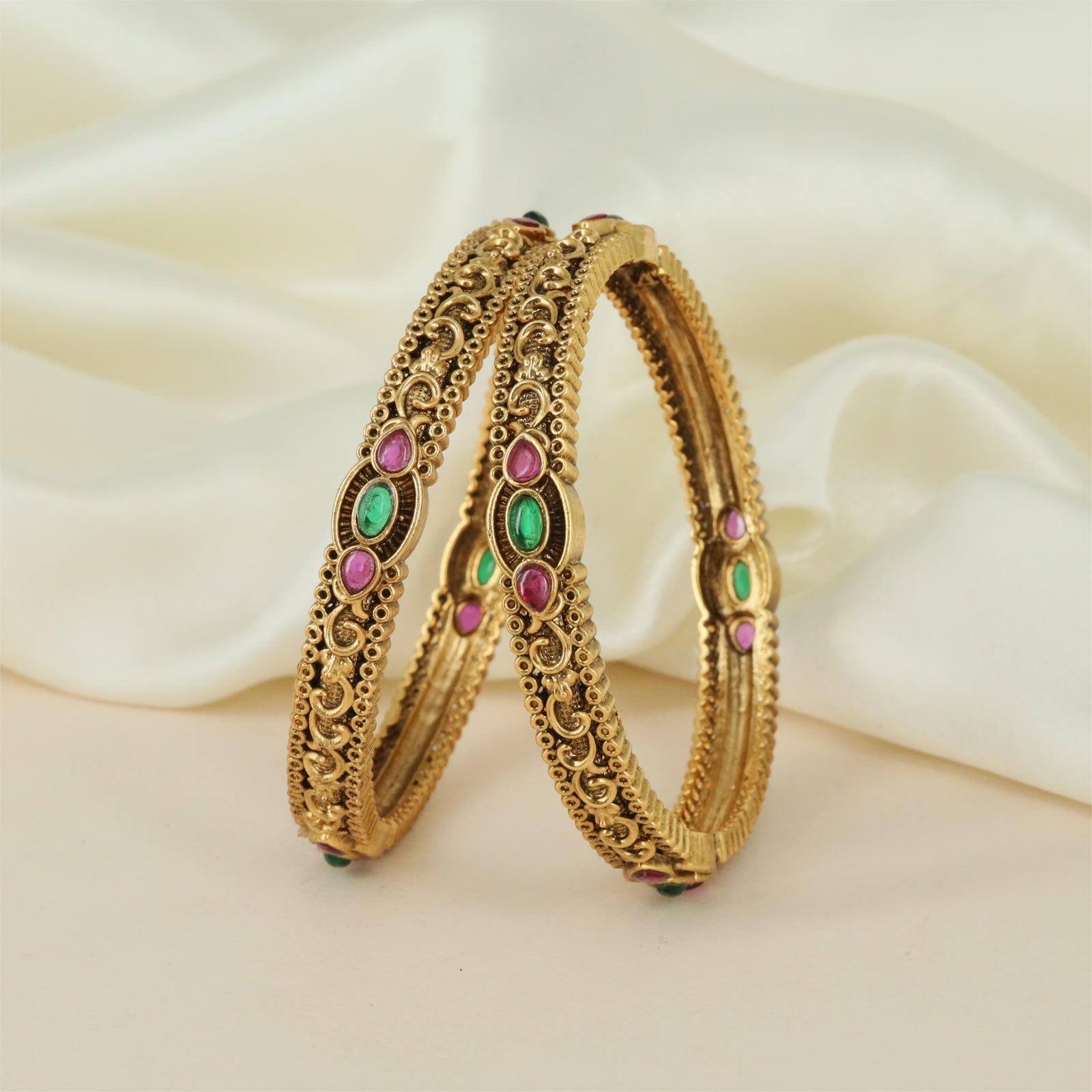 Vine Antique Bangles with Oval Floral Frames and Open Filigree Detailing