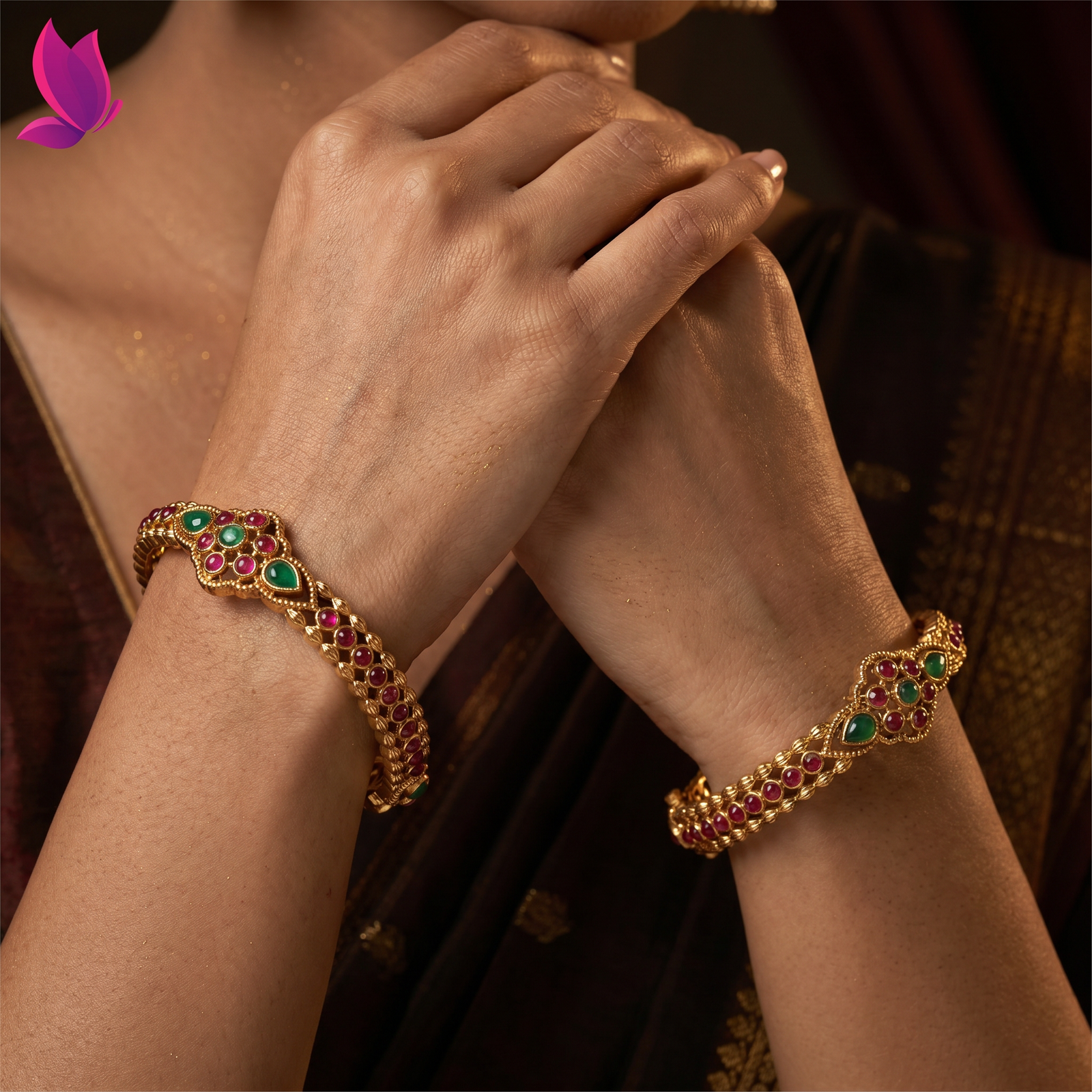 Floral Arch Antique Bangles with Double Border Layout and Fine Surface Work