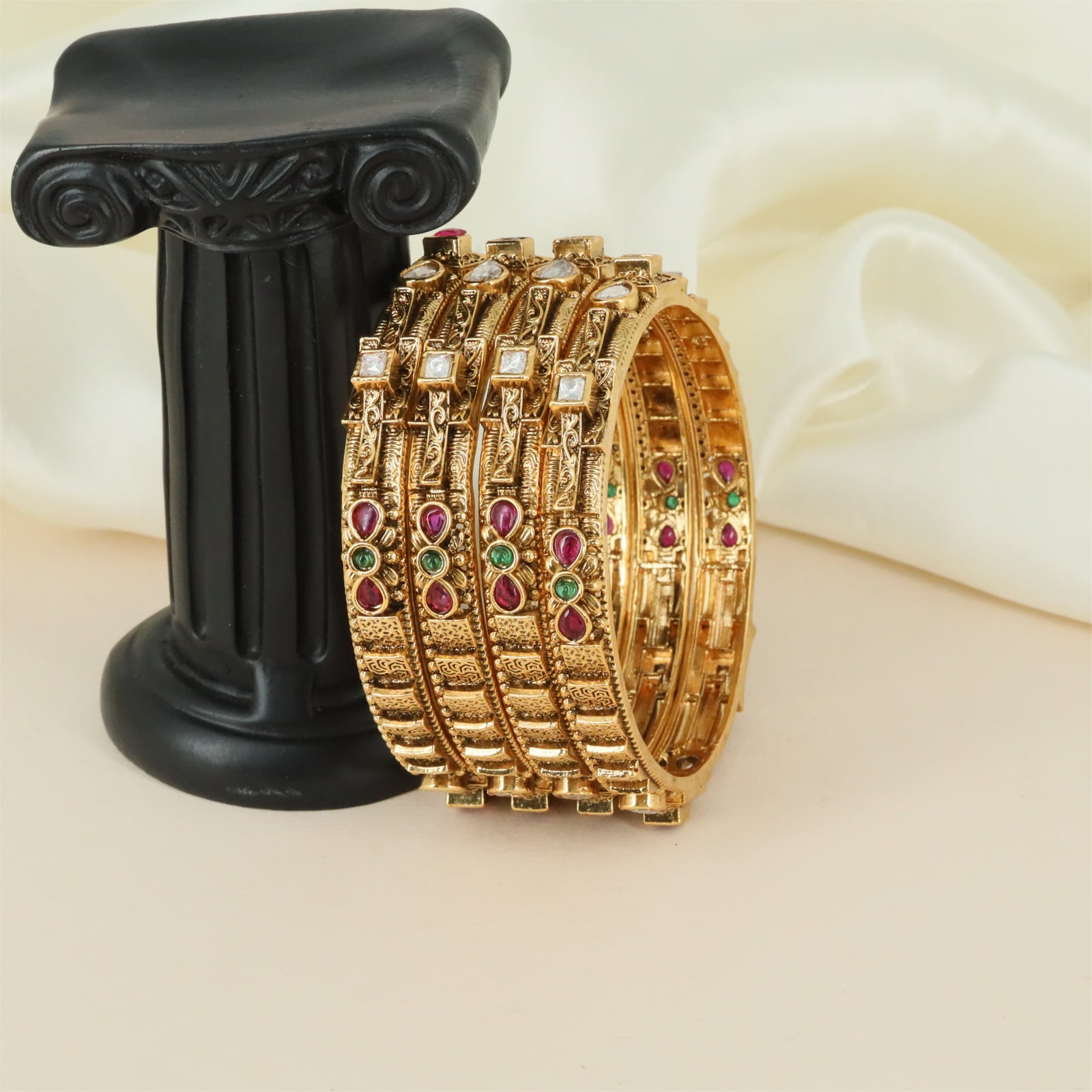 Lotus Grid Antique Bangles with Vertical Accent Rows and Raised Detailing