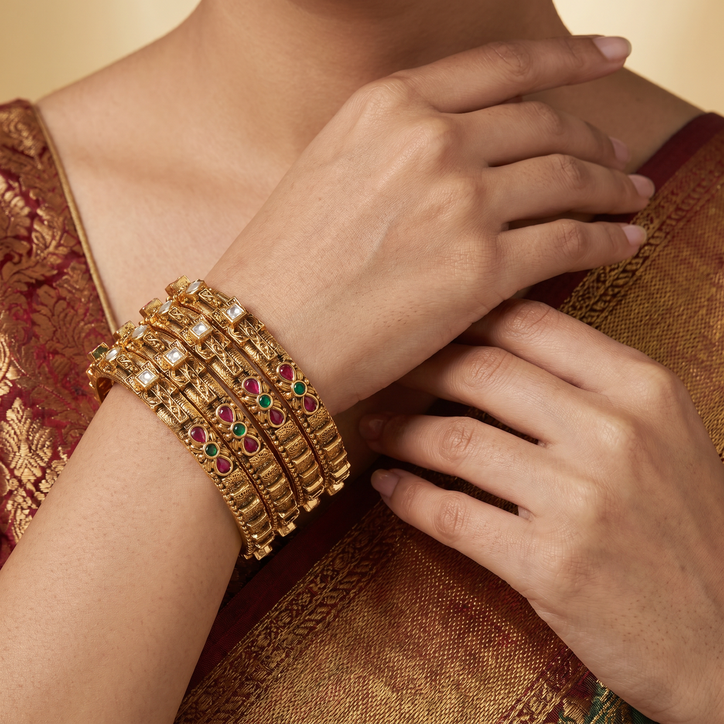 Lotus Grid Antique Bangles with Vertical Accent Rows and Raised Detailing