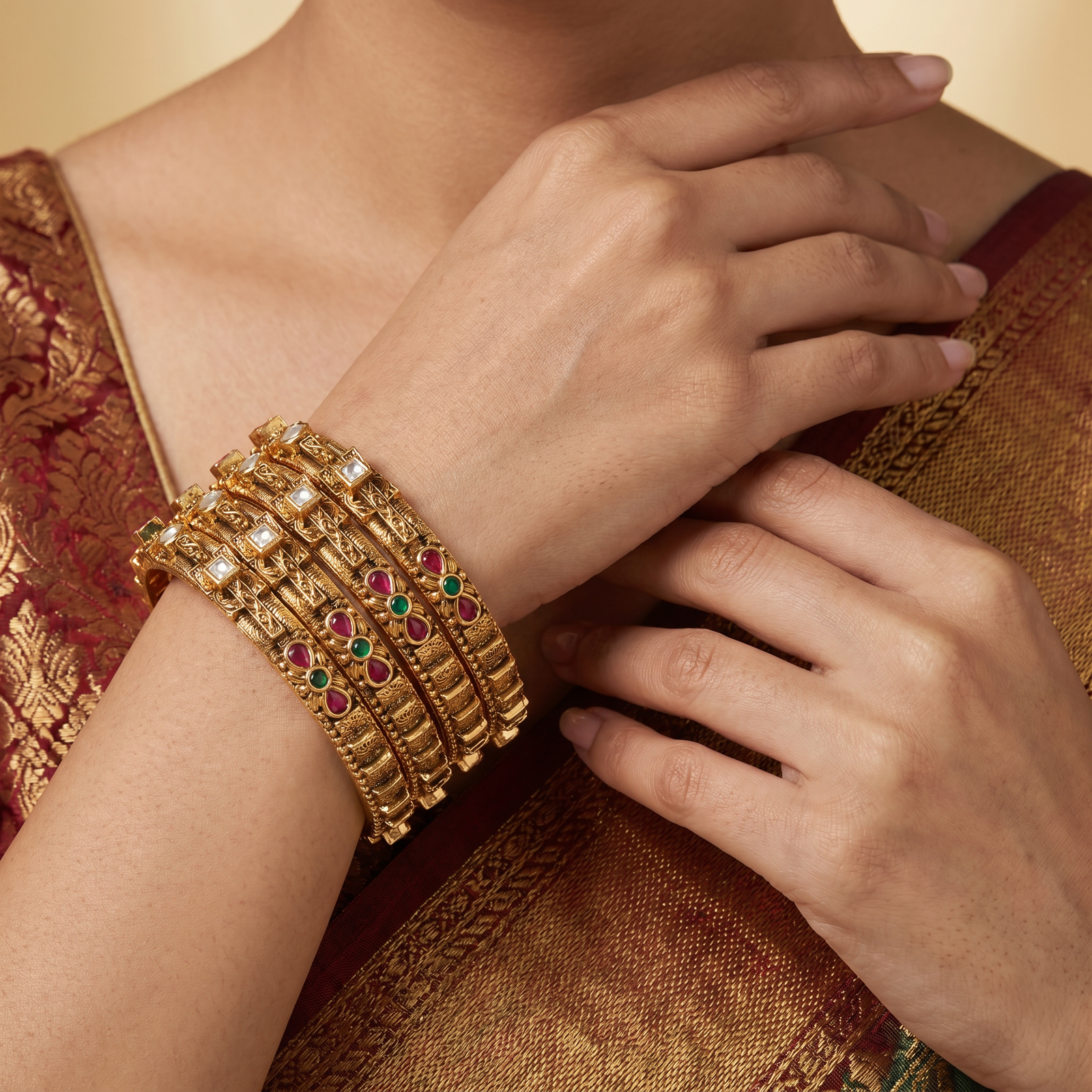 Lotus Grid Antique Bangles with Vertical Accent Rows and Raised Detailing
