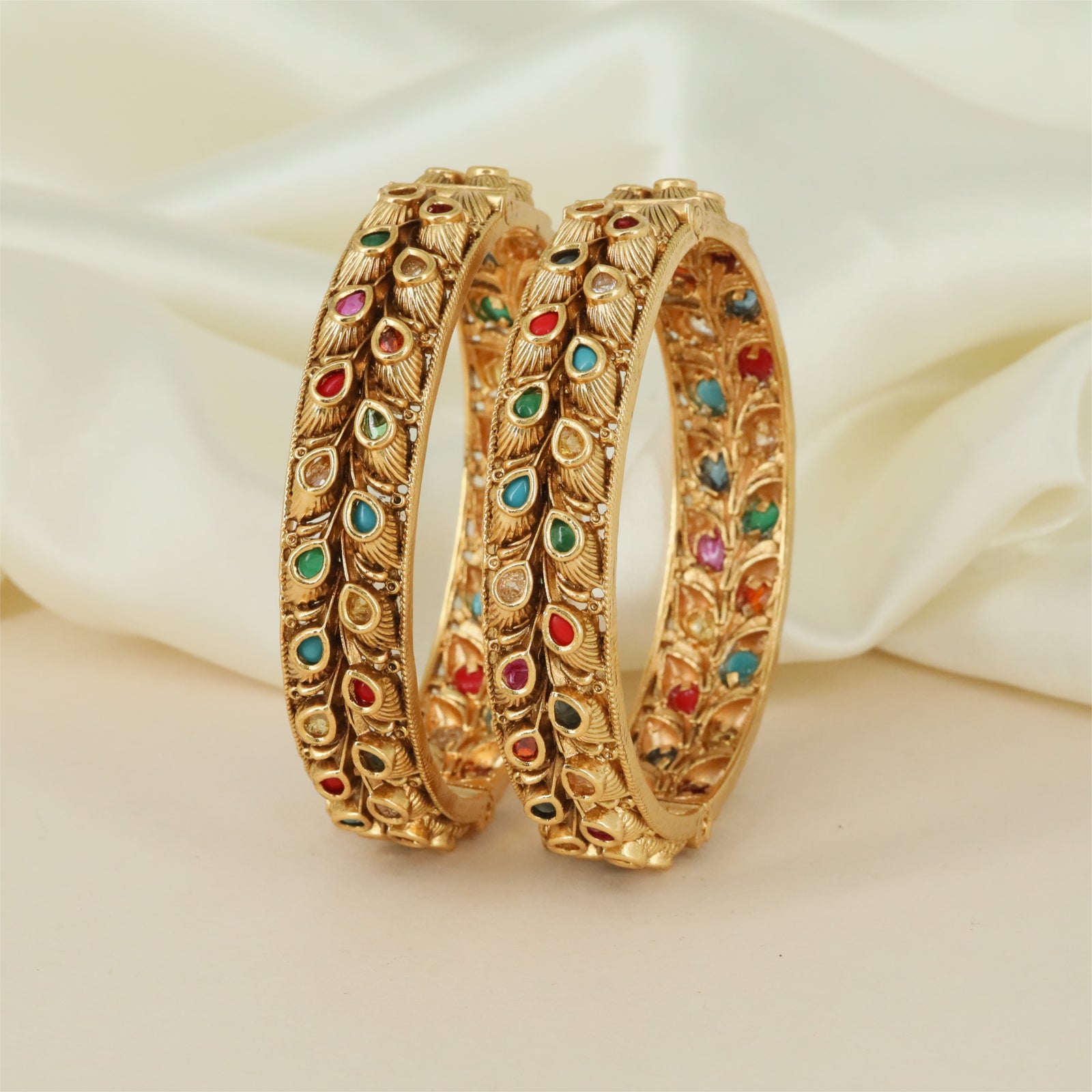 Floral Grid Antique Bangles with Round Accent Placement and Layered Borders