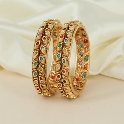 Floral Grid Antique Bangles with Round Accent Placement and Layered Borders