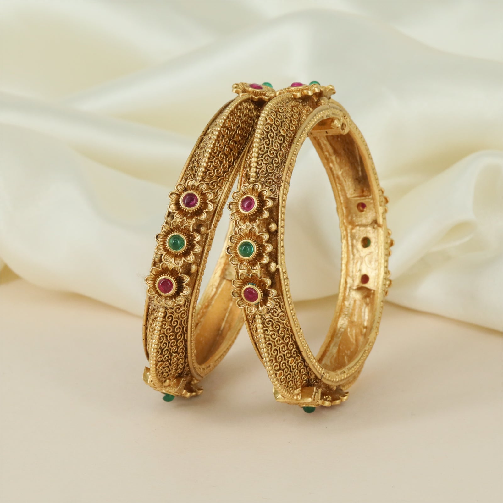 Floral Border Antique Bangles with Structured Coin Sections and Side Texture