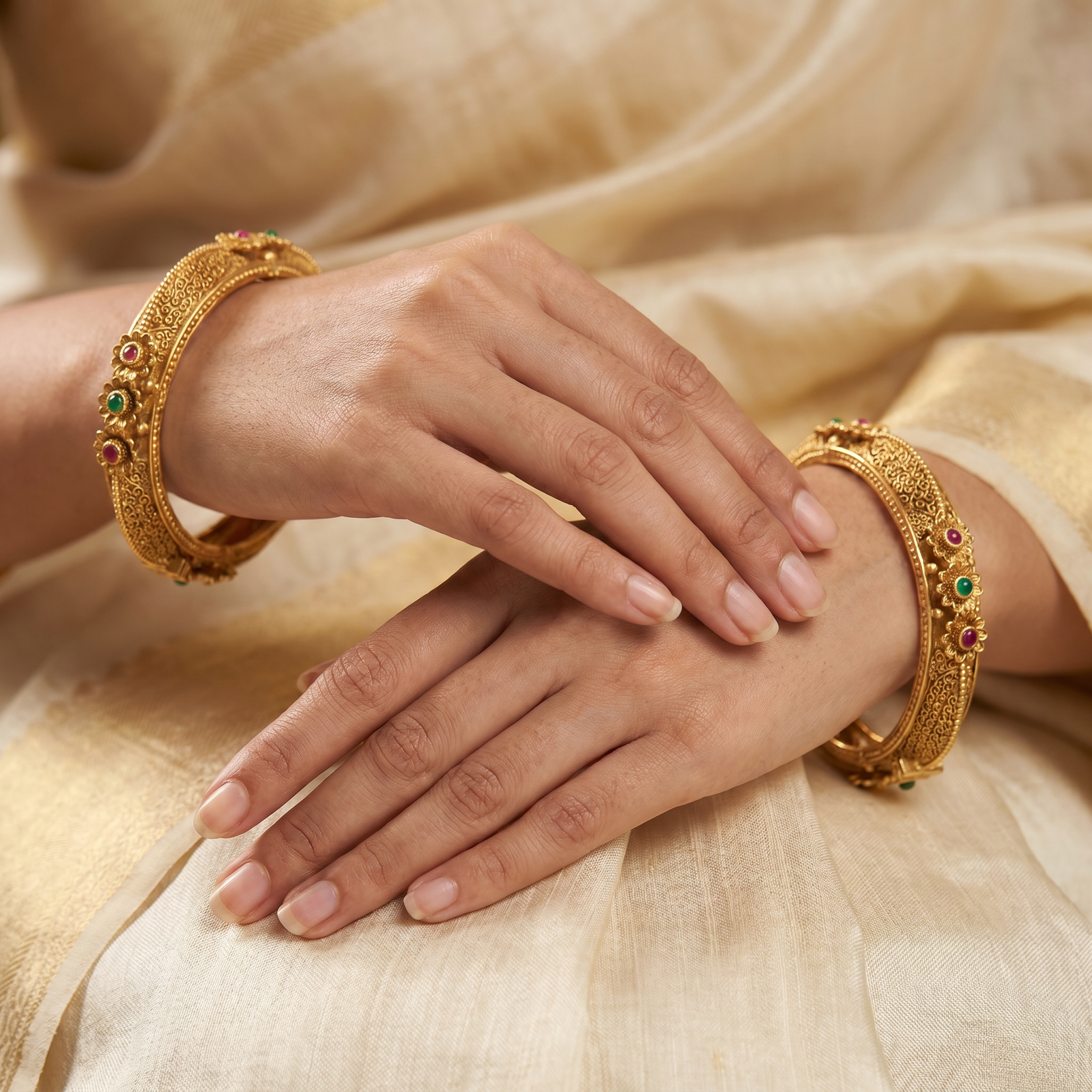 Floral Border Antique Bangles with Structured Coin Sections and Side Texture