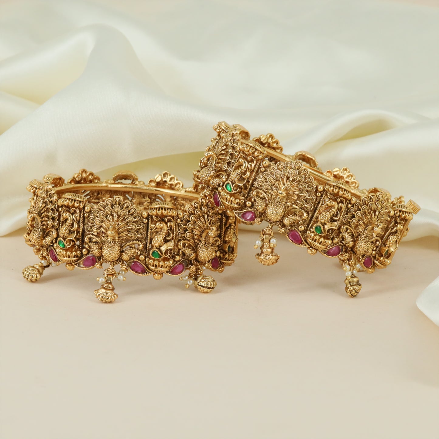 Peacock Motif Antique Bangles with Ornamental Gem Detailing