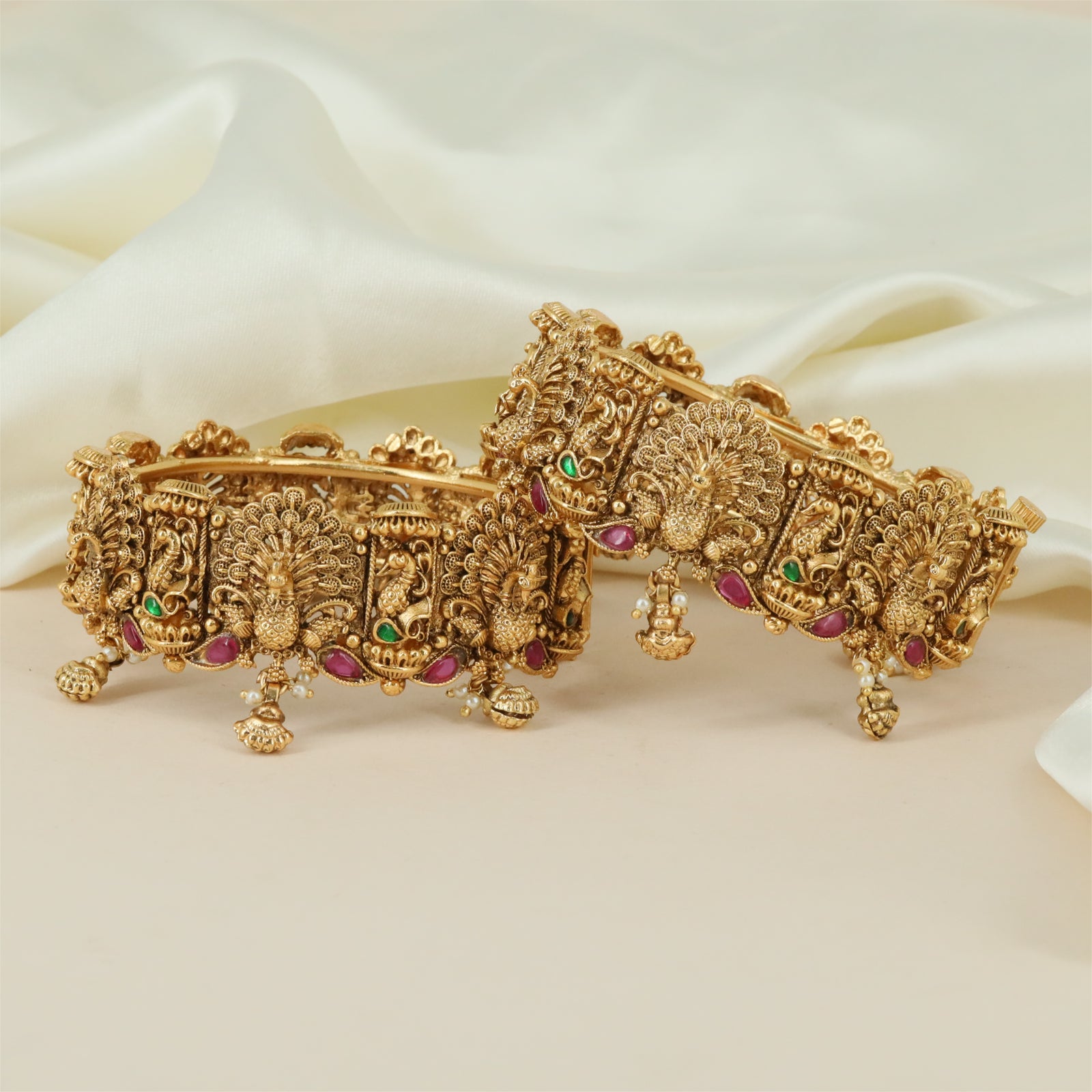 Peacock Motif Antique Bangles with Ornamental Gem Detailing