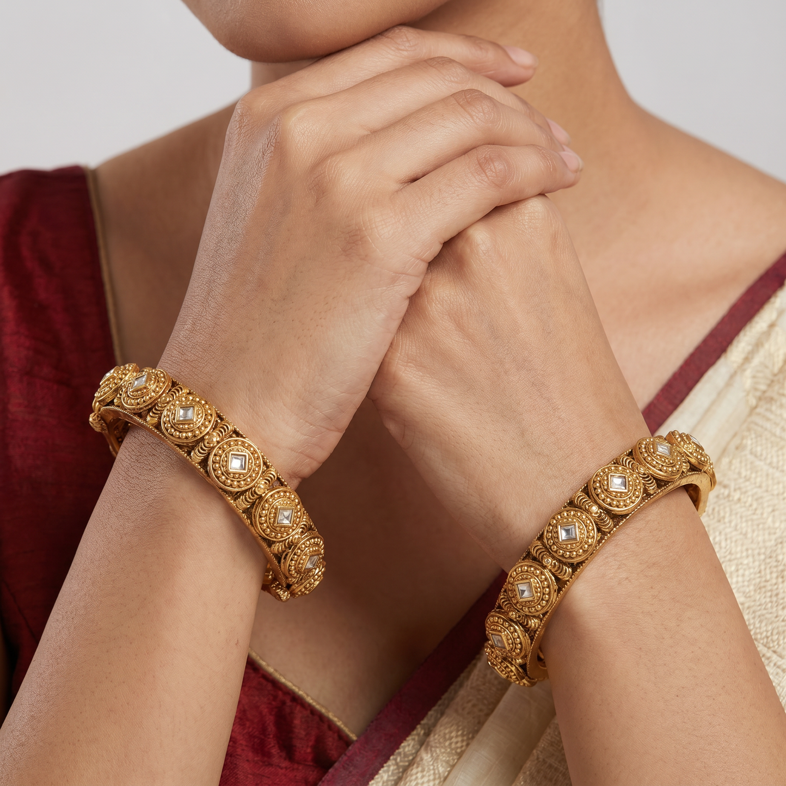Heritage Disc Antique Bangles with Raised Circular Frames and Rope Borders