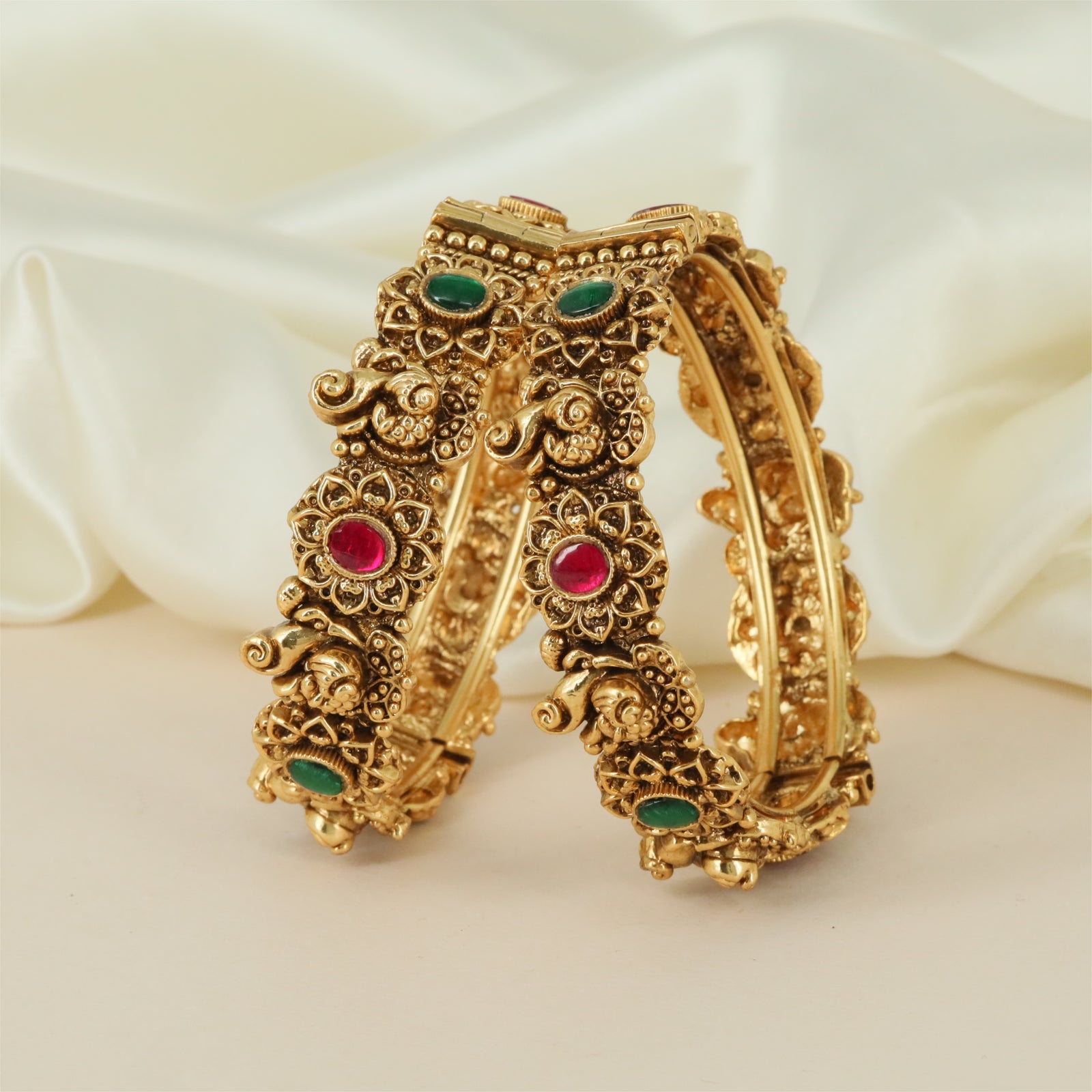 Lotus Curve Antique Bangles with Raised Floral Connectors and Border Work