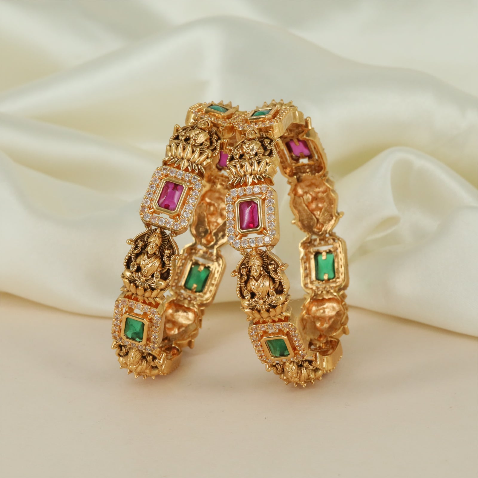 Lotus Crown Antique Bangles with Lakshmi Carving and Structured Link Pattern