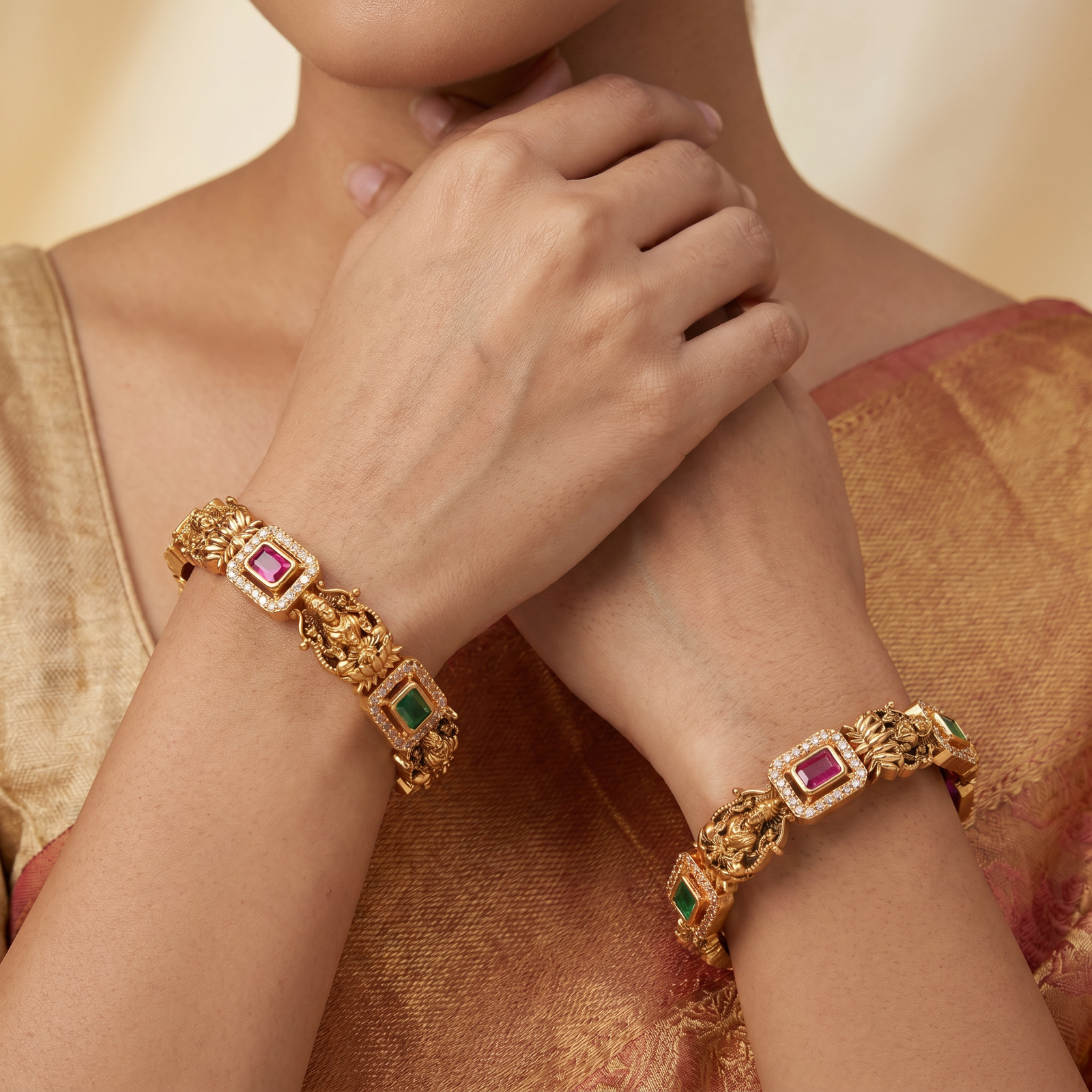 Lotus Crown Antique Bangles with Lakshmi Carving and Structured Link Pattern