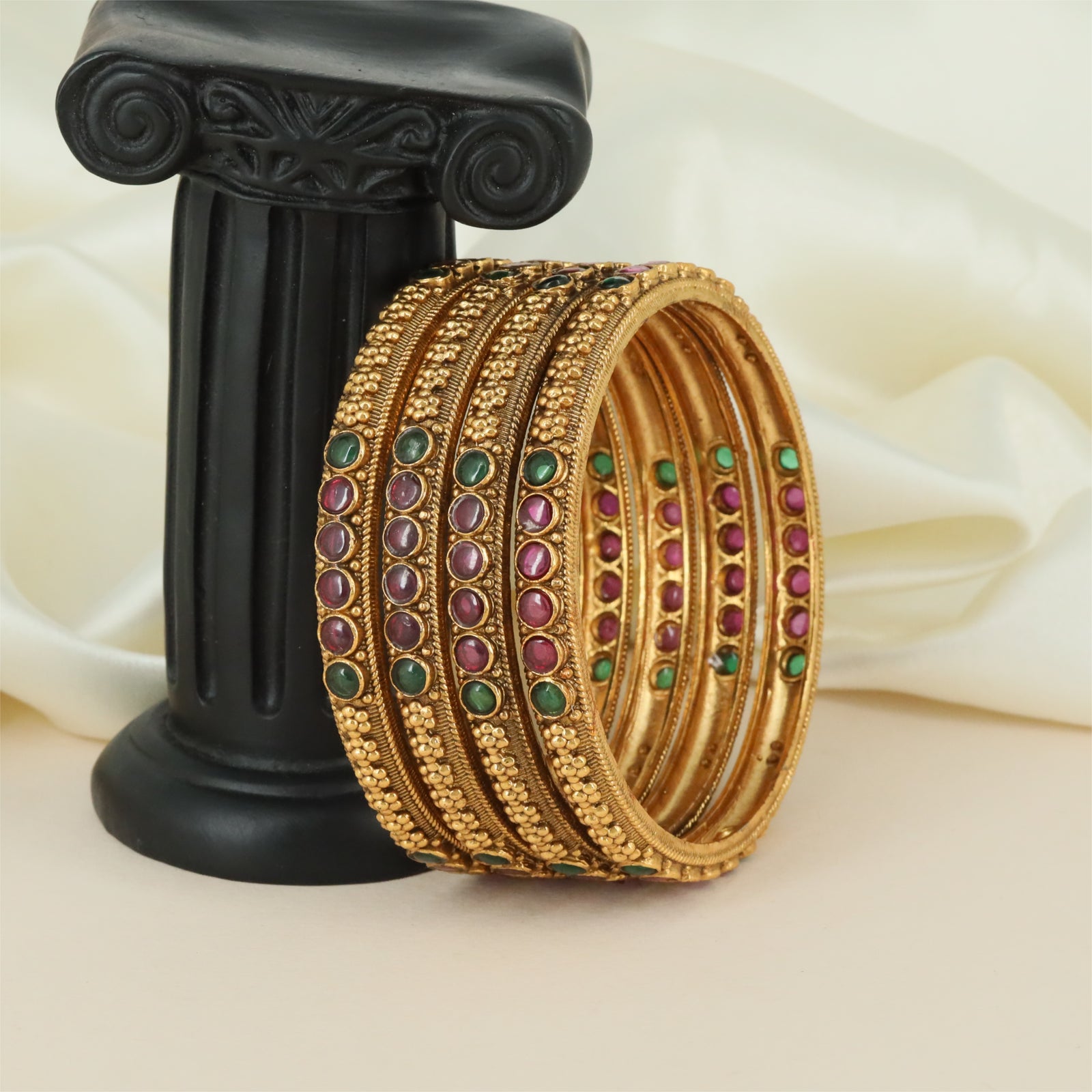 Filigree Grid Antique Bangles with Structured Border Alignment and Surface Texture