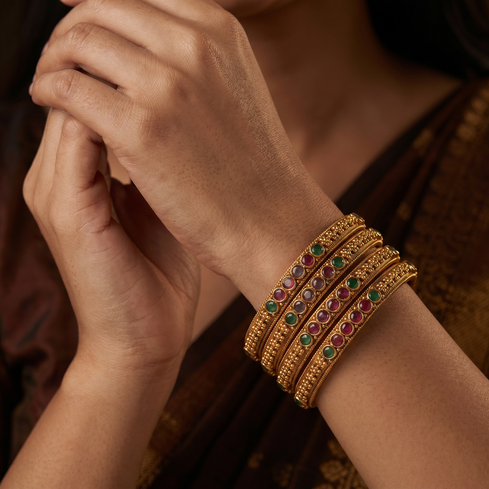 Filigree Grid Antique Bangles with Structured Border Alignment and Surface Texture