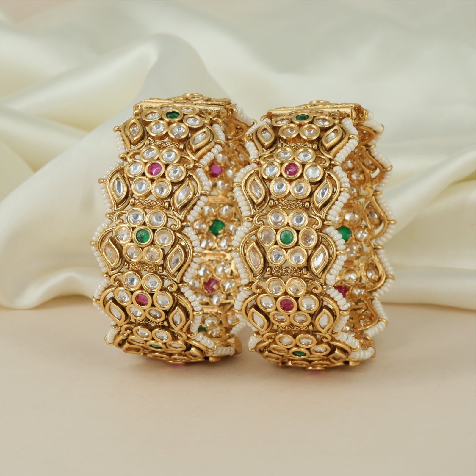 Floral Geometric Antique Bangles with Embedded Gemstone Highlights