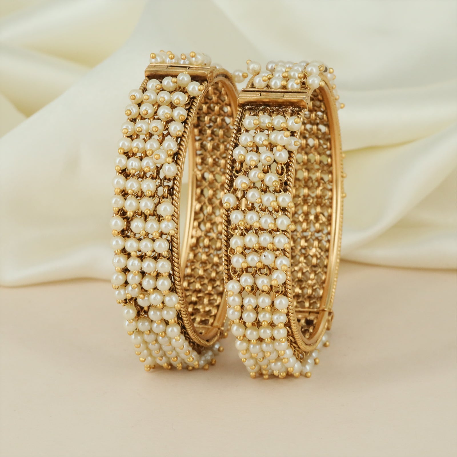 Dense Pearl Cluster Antique Bangles with Textured Gold Base