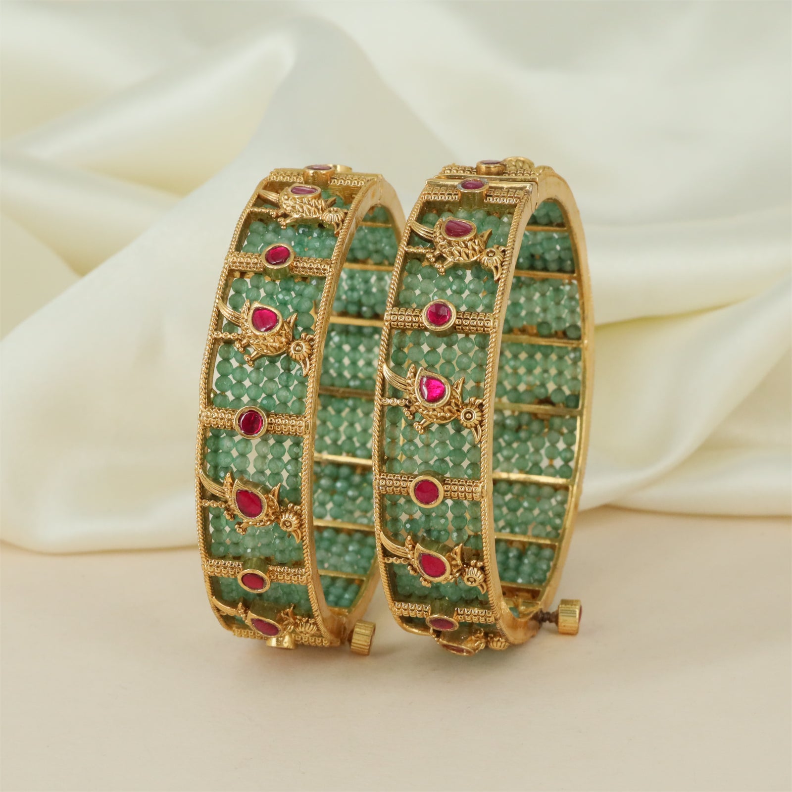 Green Grid Antique Bangles with Red Floral Gem Highlights