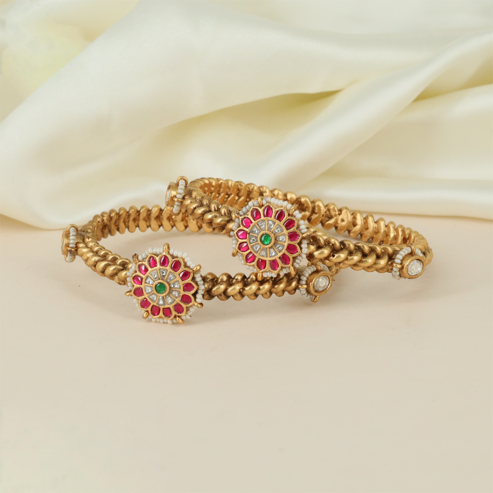 Premium Coil Antique Bangles with Braided Surface and Floral Round Panels
