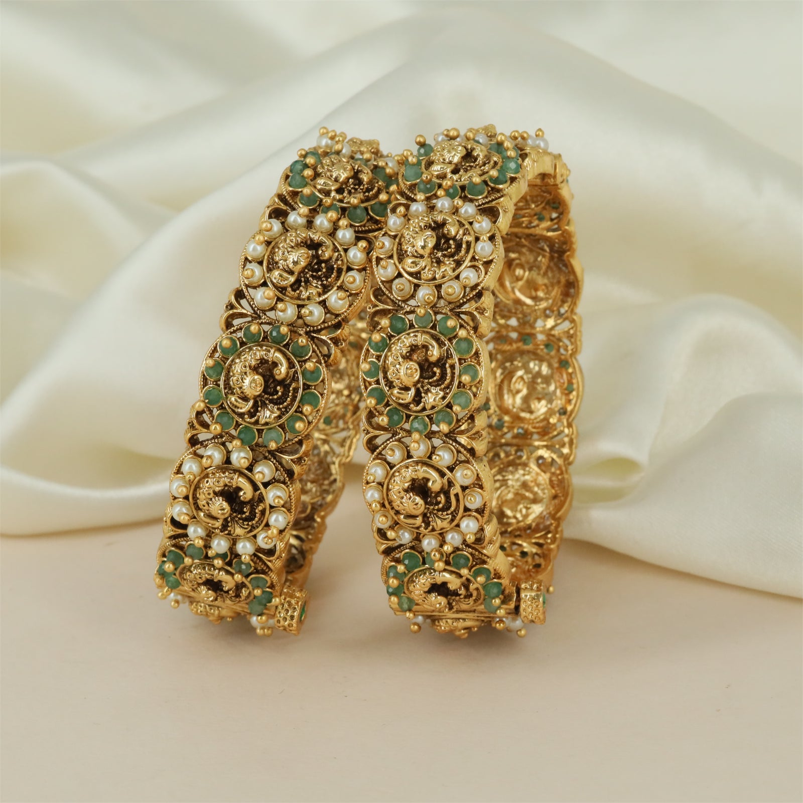 Peacock Antique Bangles with Circular Floral Frames and Pearl Border Detailing