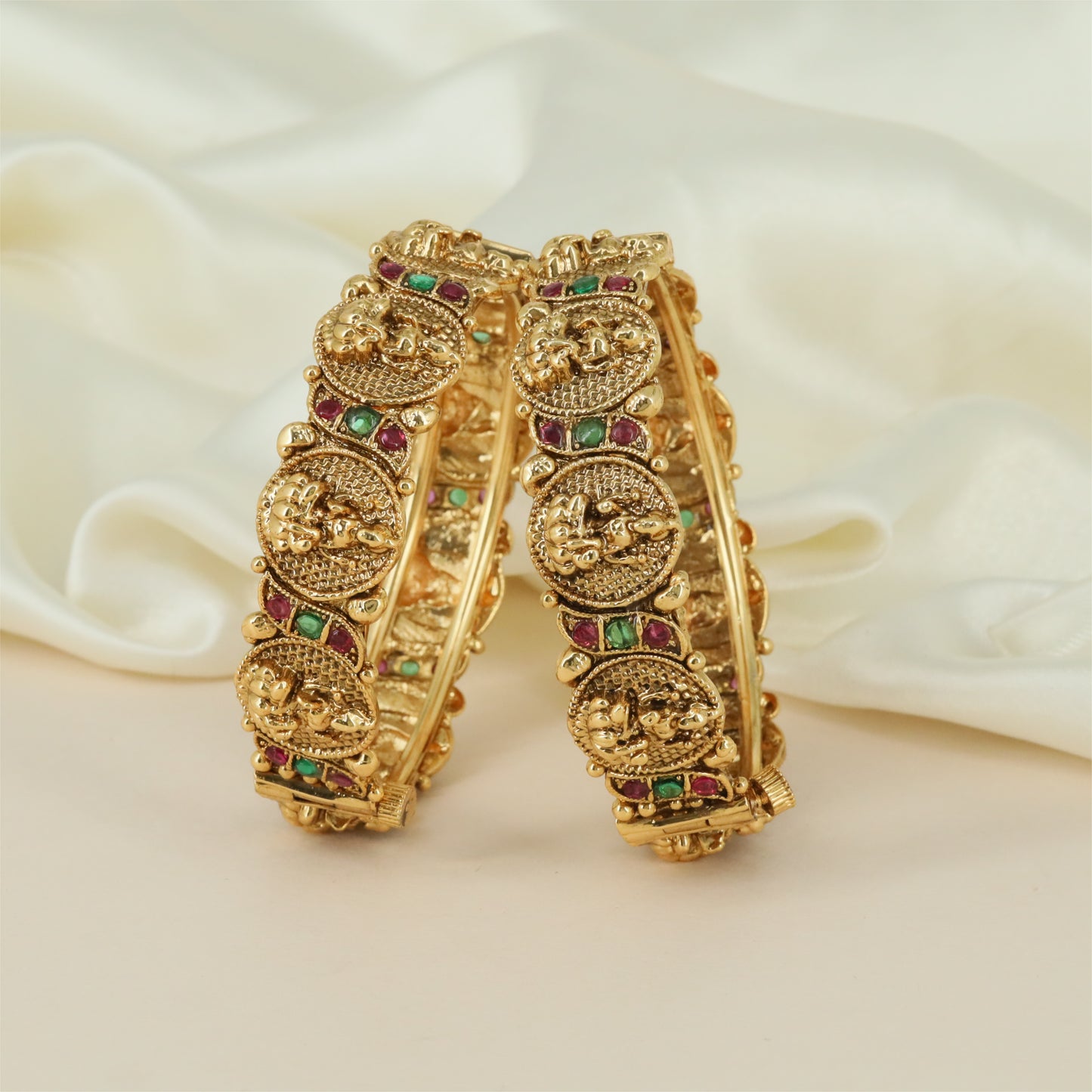 Beaded Lakshmi Antique Bangles with Temple Coin Sections and Mesh Texture
