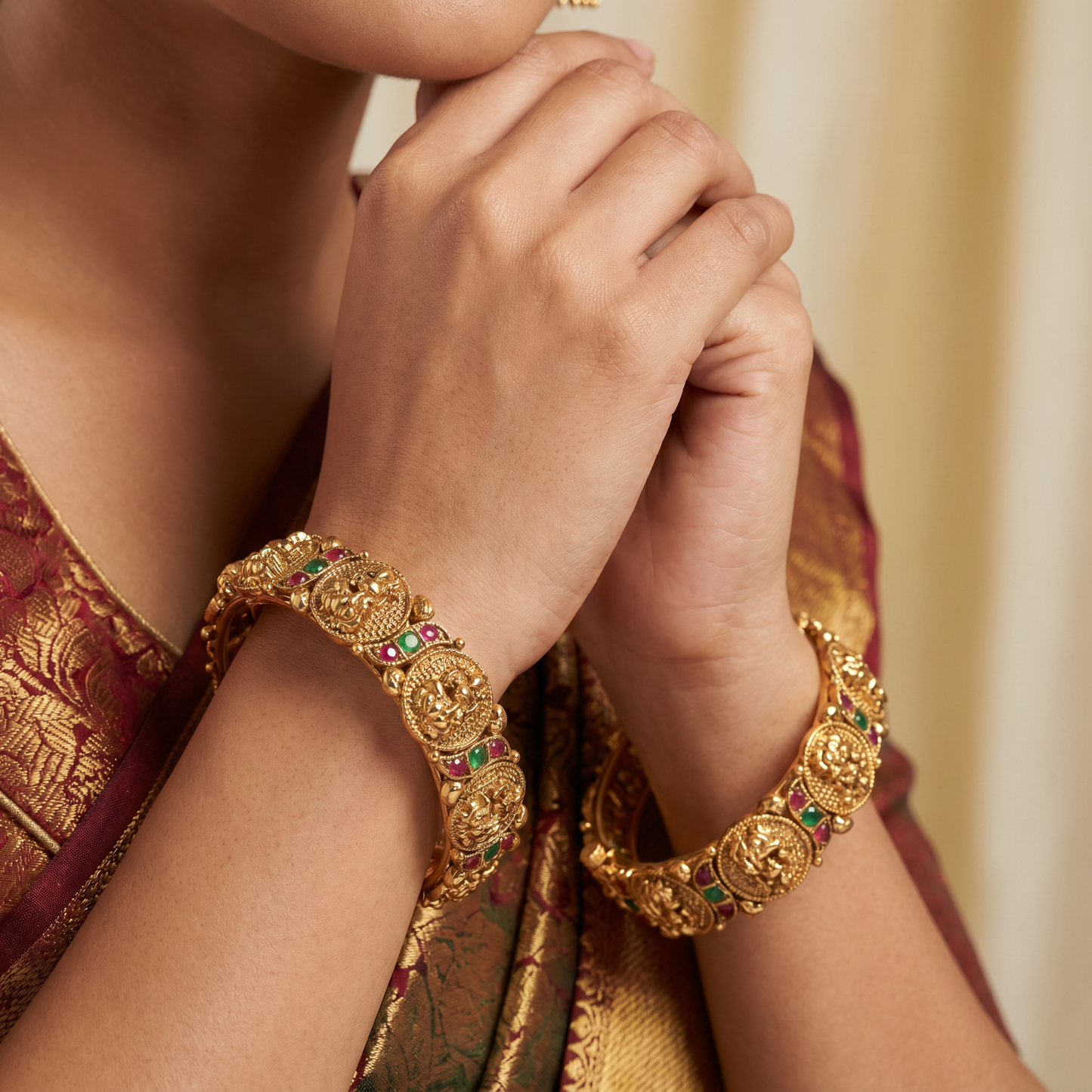 Beaded Lakshmi Antique Bangles with Temple Coin Sections and Mesh Texture