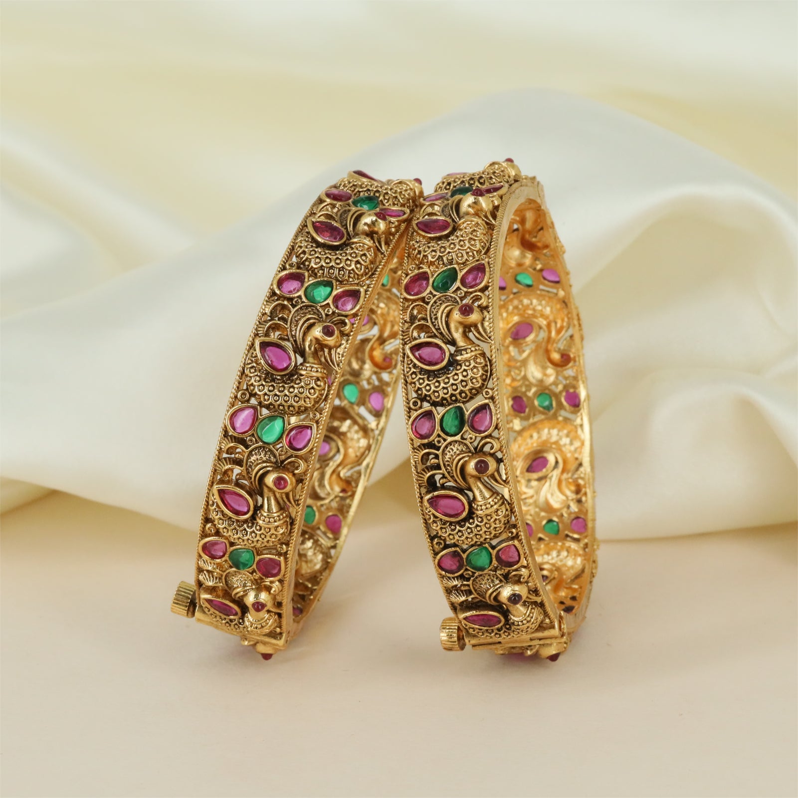 Floral Peacock Antique Bangles with Layered Paisley Sections and Side Carving