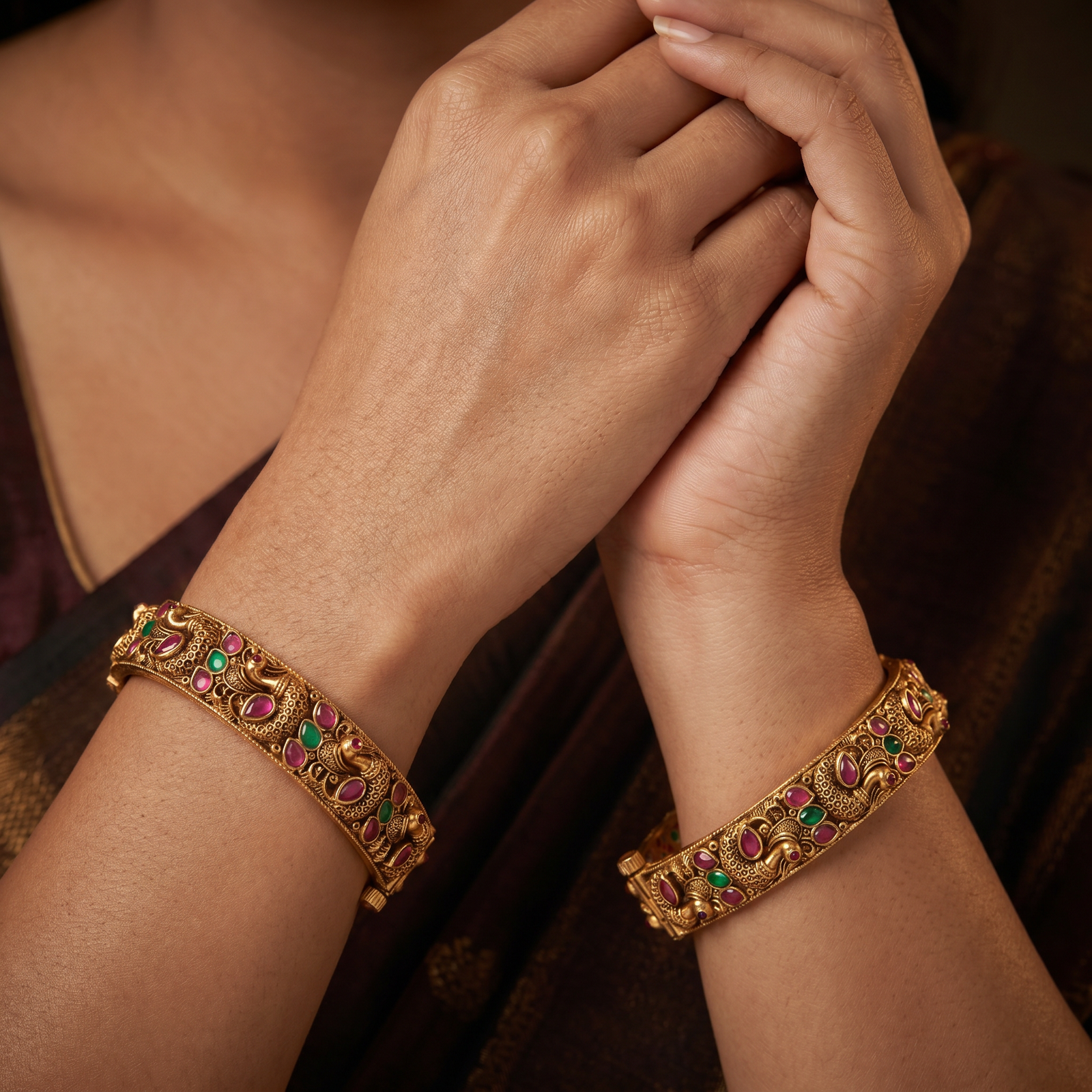 Floral Peacock Antique Bangles with Layered Paisley Sections and Side Carving