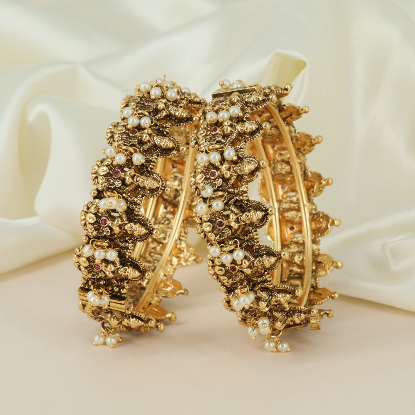 Lotus Lakshmi Antique Bangles with Structured Temple Layout and Pearl Accents